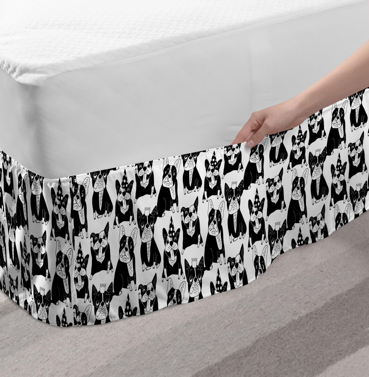 Ambesonne Bulldog Elastic Bed Skirt - Fun Doodle Pattern with Playful Pets in Party Hats & Crowns - Wrap Around Dust Ruffle Bedskirt for Full Size Beds - Black & White Home Decor for Kids' Rooms & Pet Lover Bedrooms