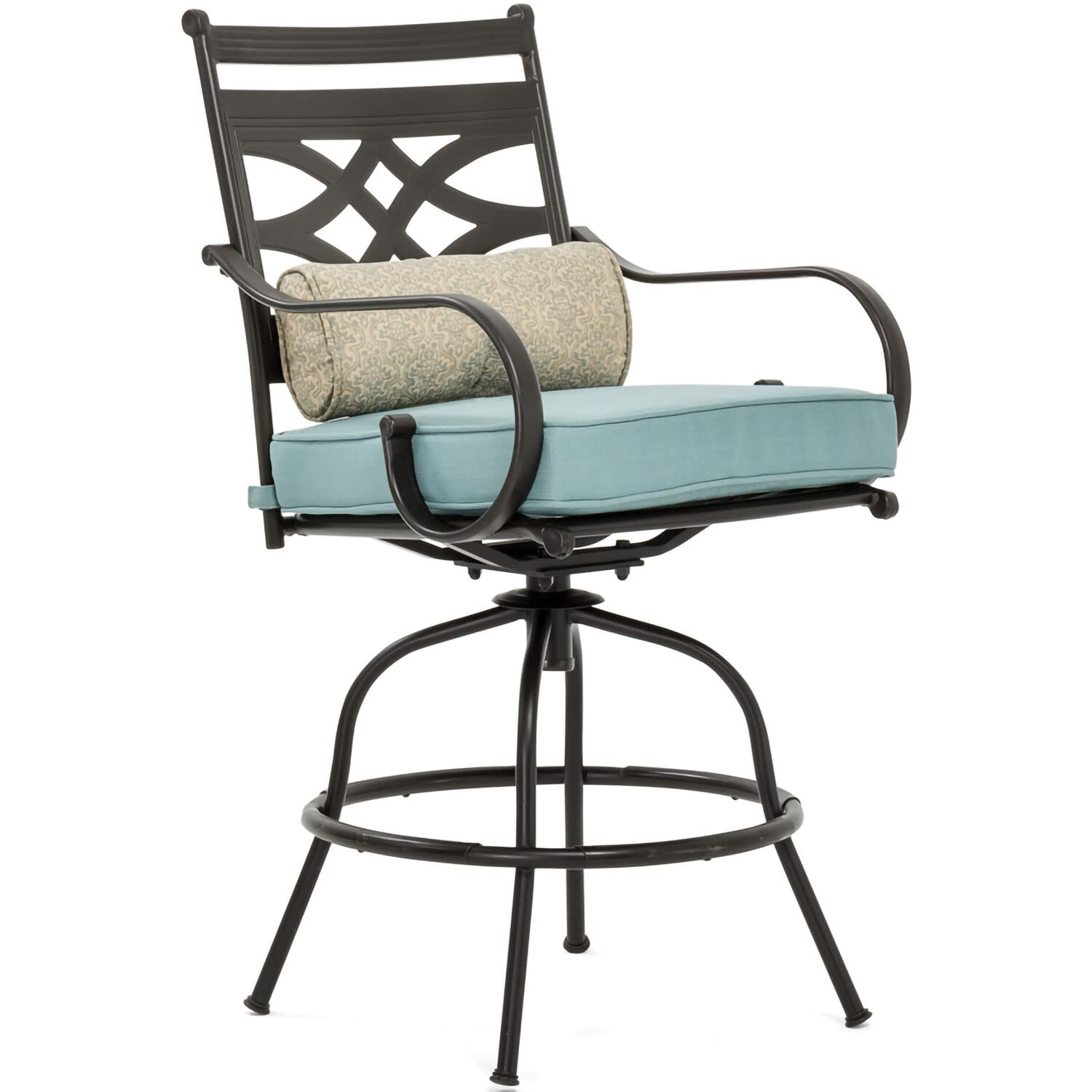Hanover Montclair 9-Piece Outdoor Dining Set - 8 Swivel Bar Height Chairs with Thick Cushions & 60