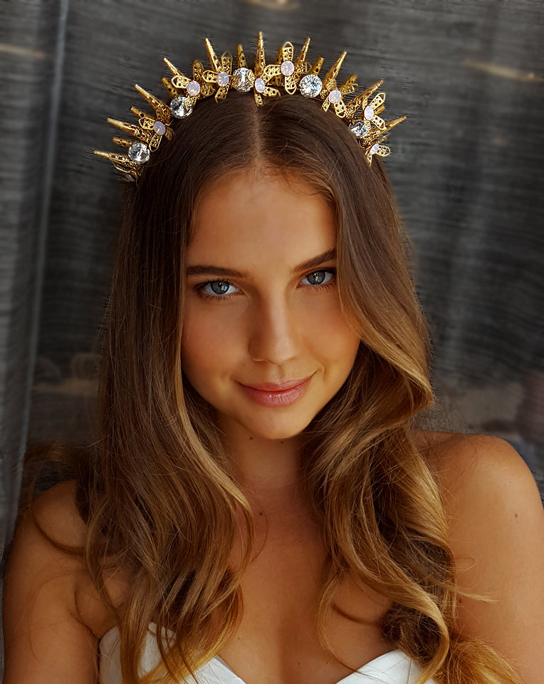 Unique Spiky Gold Crown Wedding Headpiece - Venetia by Kezani | Bridal Accessories for Boho, Vintage & Royal Weddings