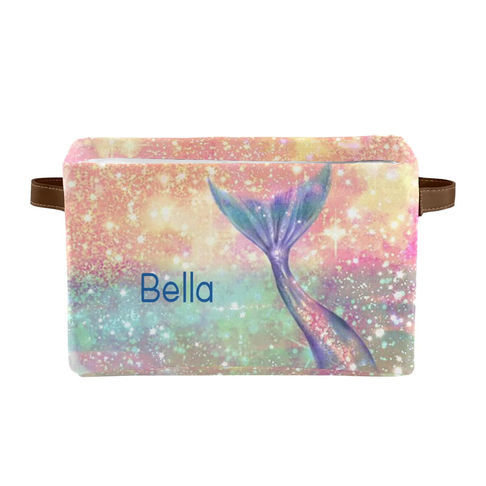 Personalized Mermaid Tail Canvas Storage Bins with Name - 2 Pack Decorative Organizer Baskets with Leather Handles for Nursery, Bathroom, Closet & Office Organization