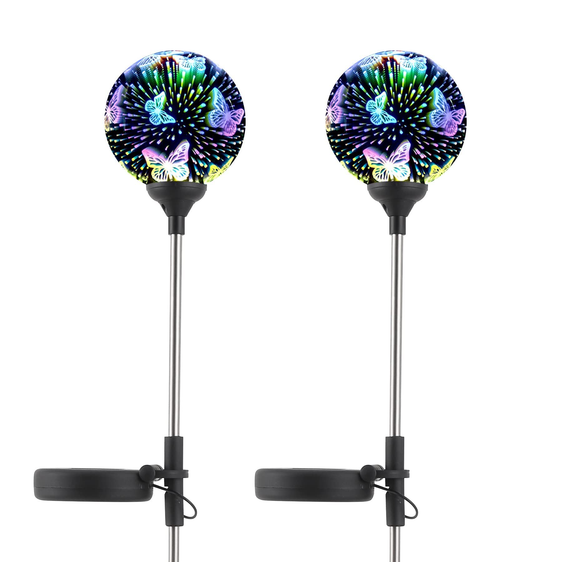 Solar Powered Outdoor Garden Lights - 2 Pack Colorful Solar Landscape Ball Stake Lights, Waterproof Glass Decor for Patio, Yard, Pathway | Butterfly Design for Nighttime Ambiance & Decoration