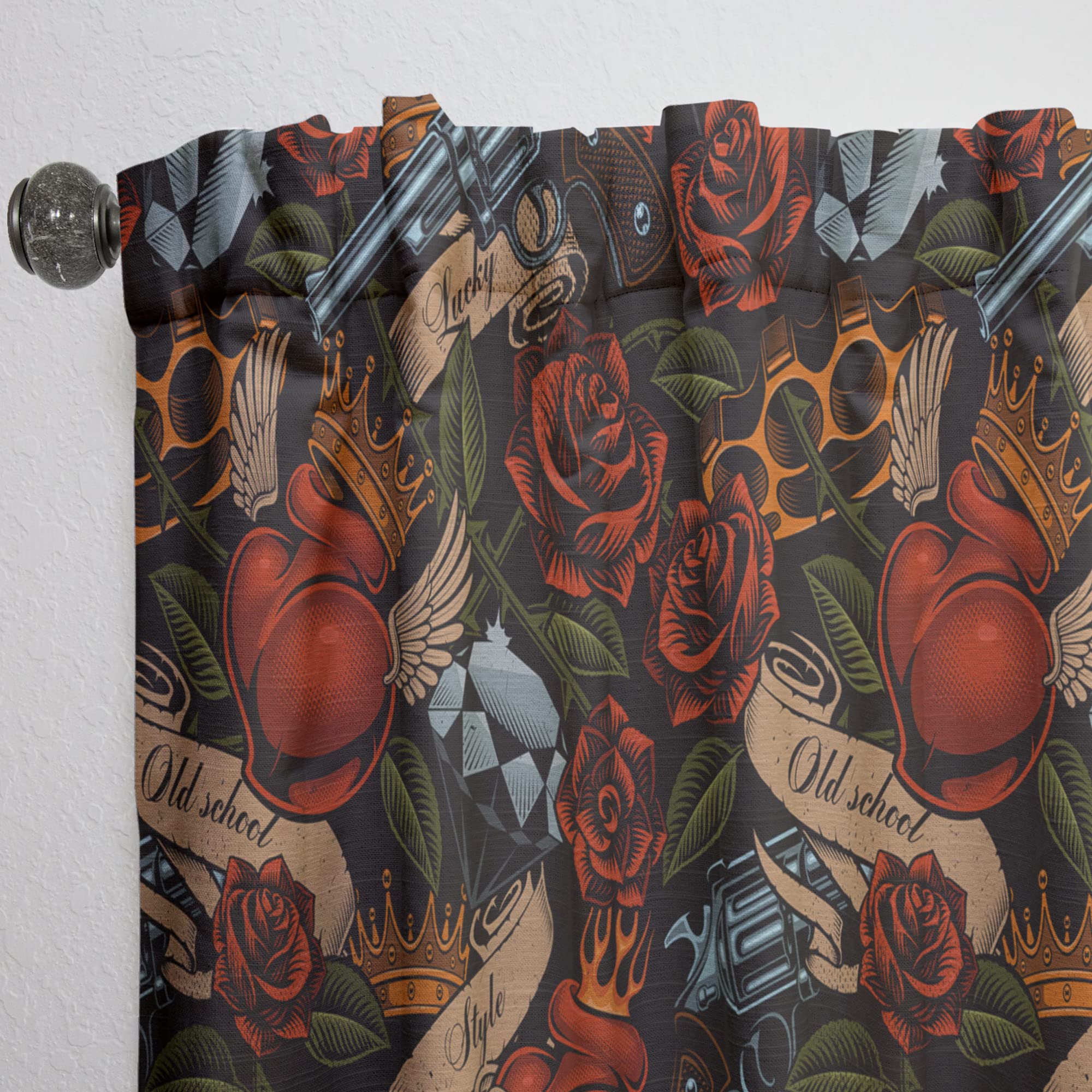 DesignQ Old School Tattoo Pattern Thermal Insulated Curtains - 52x120 Inch Single Panel for Bedroom & Living Room - Perfect for Home Decor, Privacy & Temperature Control