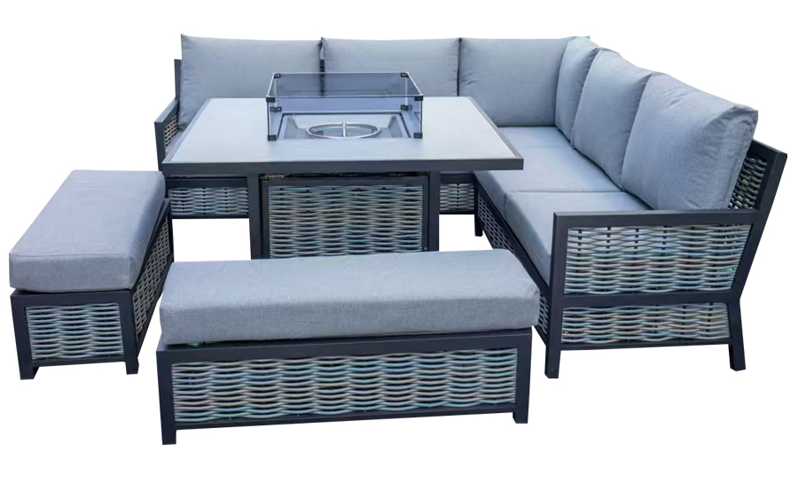 Luxury Grey Rattan L-Shaped Patio Set with Square Fire Pit Table - Outdoor Furniture for Garden, Backyard, and Poolside Relaxation