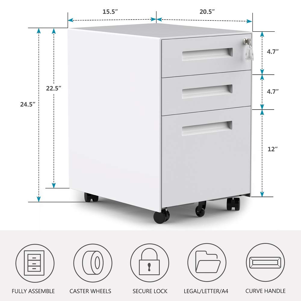 3-Drawer Mobile File Cabinet with Lock - Under Desk Rolling Storage Organizer, White Office File Cabinet Fully Assembled - Perfect for Home, Office & Workspace Organization