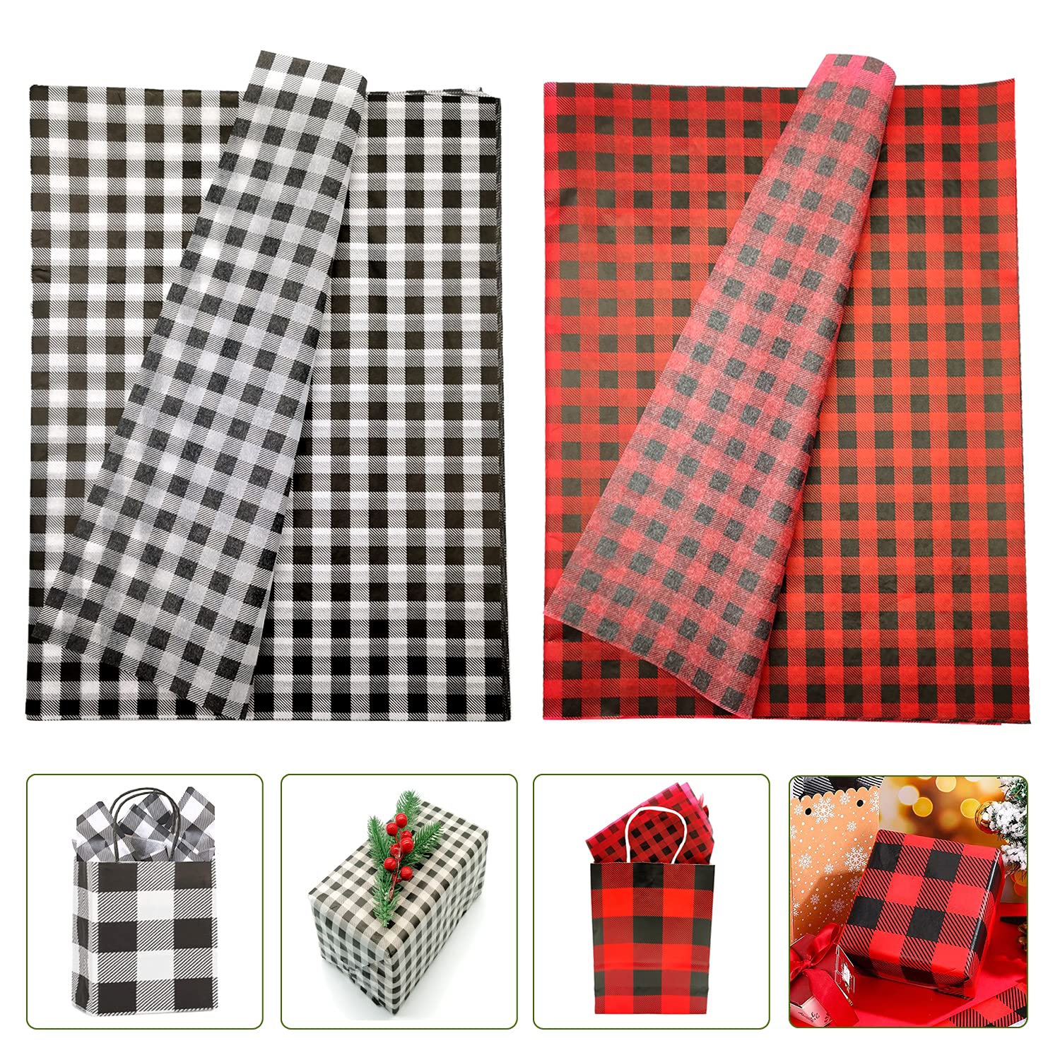 100-Piece Buffalo Plaid Tissue Paper - Red, Black & White Checkered Gift Wrapping Sheets (13.78