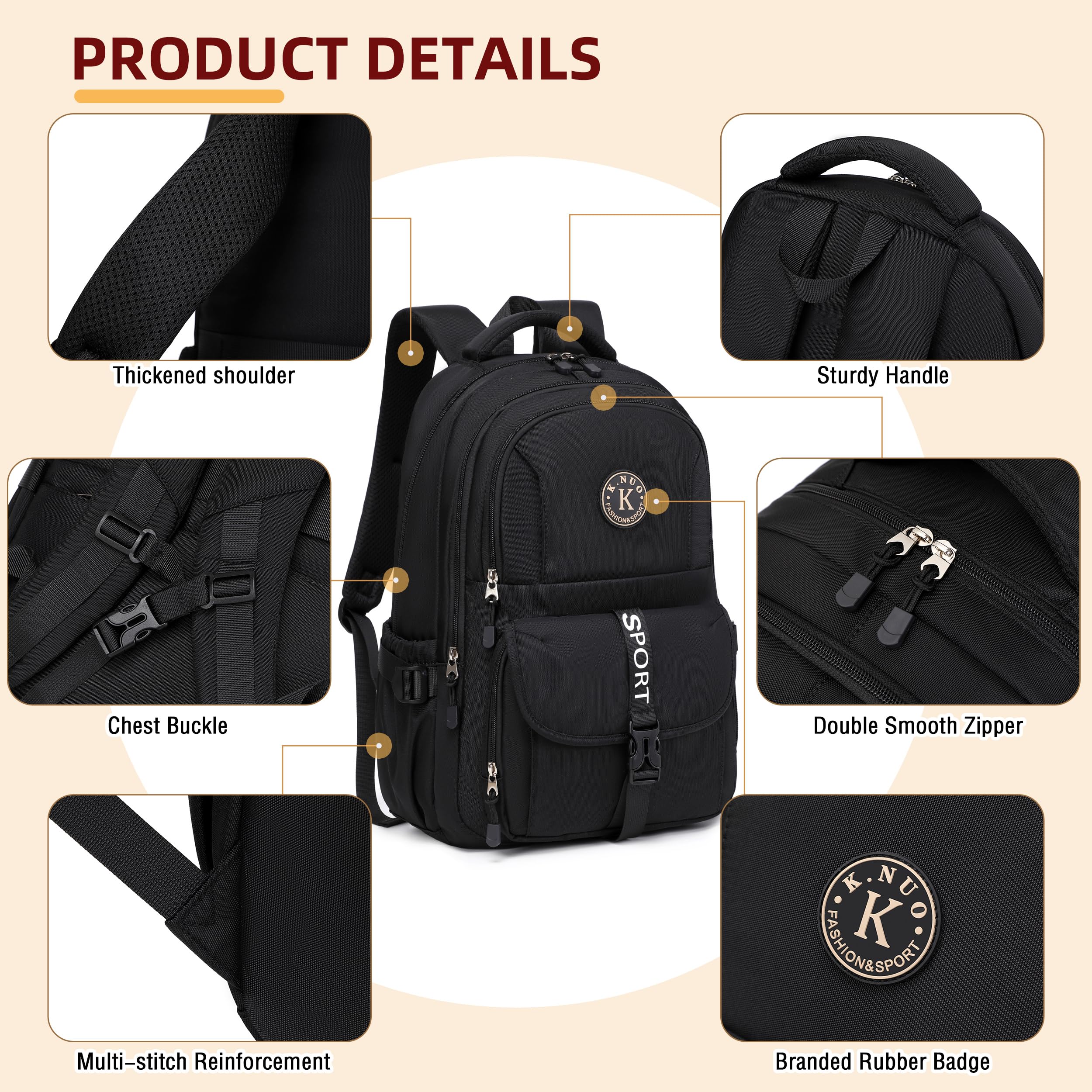 Stylish Waterproof College Backpack for Teens & Adults - 15.6 Inch Laptop School Bag for Students, Women & Men - Perfect for Travel, Work & Daily Commute - Durable Bookbag for School, Office & Business Trips - Black
