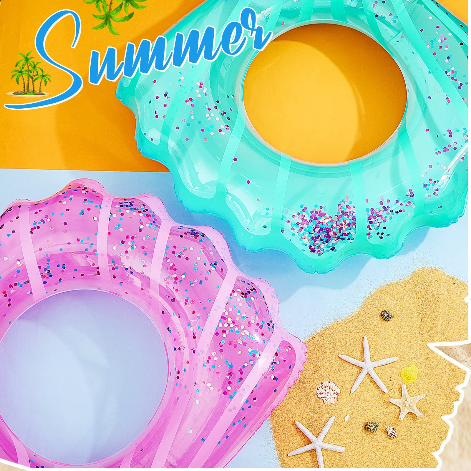 2 Pack Inflatable Seashell Swim Rings - Glitter Confetti Pool Floats for Kids, Toddlers & Teens - Pink & Blue Water Swim Tubes for Summer Beach, Pool Parties & Decorations