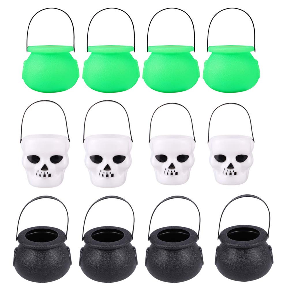 YARNOW Halloween Candy Bags - 12 Pack Witch Skull Trick or Treat Buckets for Halloween Party Favors, Decorations & Candy Storage (Black, White, Green) - Perfect for Trick-or-Treating, Classroom Treats & Halloween Decor