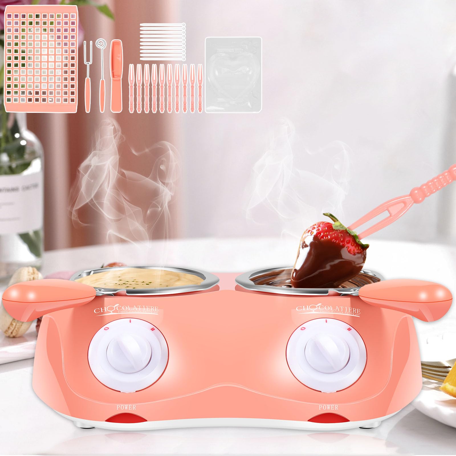 Pink Electric Chocolate Melting Pot with Double Warmer - Candy Maker & Fondue Set for Strawberries, Cheese, Butter (Perfect for Parties, Valentine's Day & Family Dessert Nights)