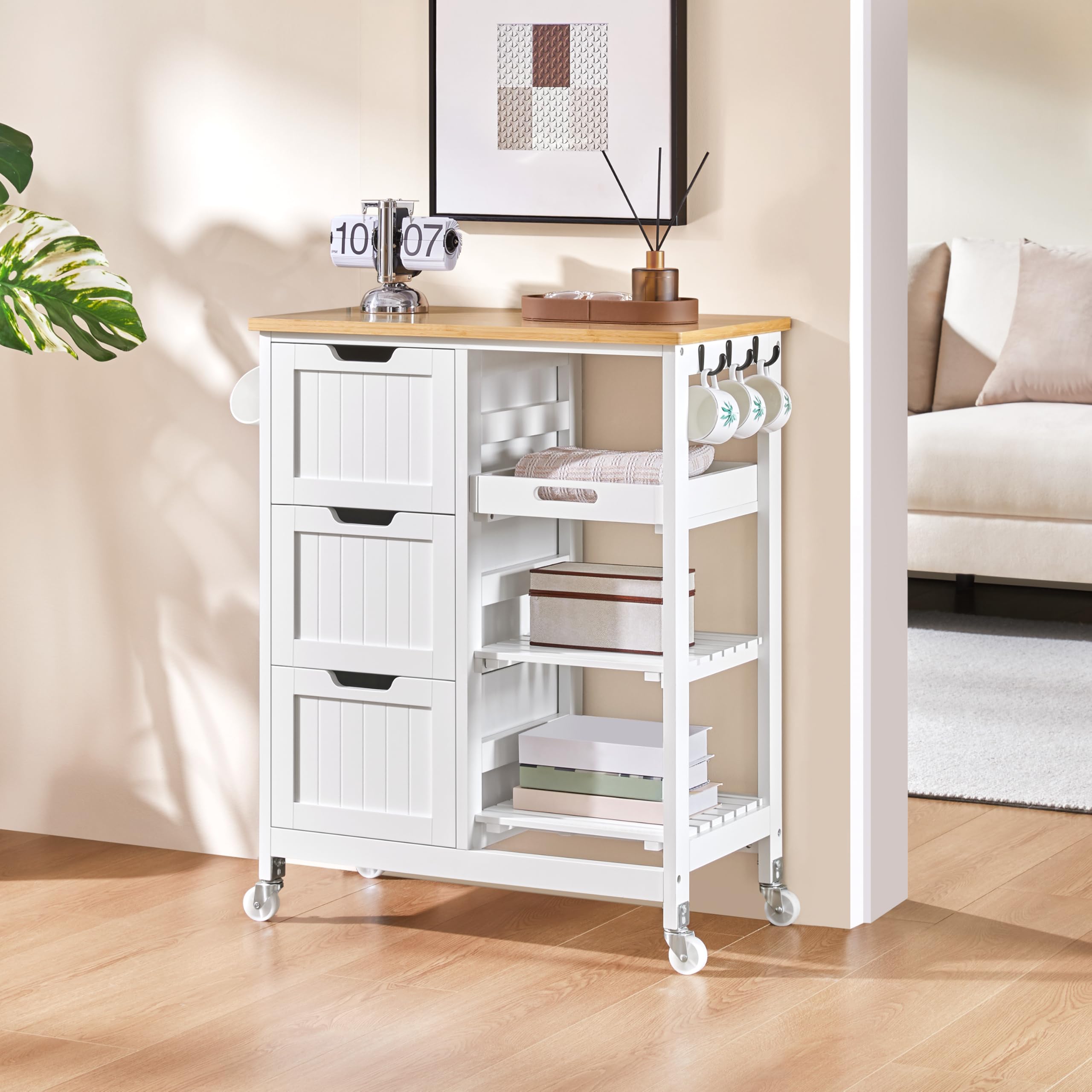 Yaheetech White Kitchen Island Cart with Bamboo Top - 3 Drawers & Shelves for Dining Room & Bar Storage