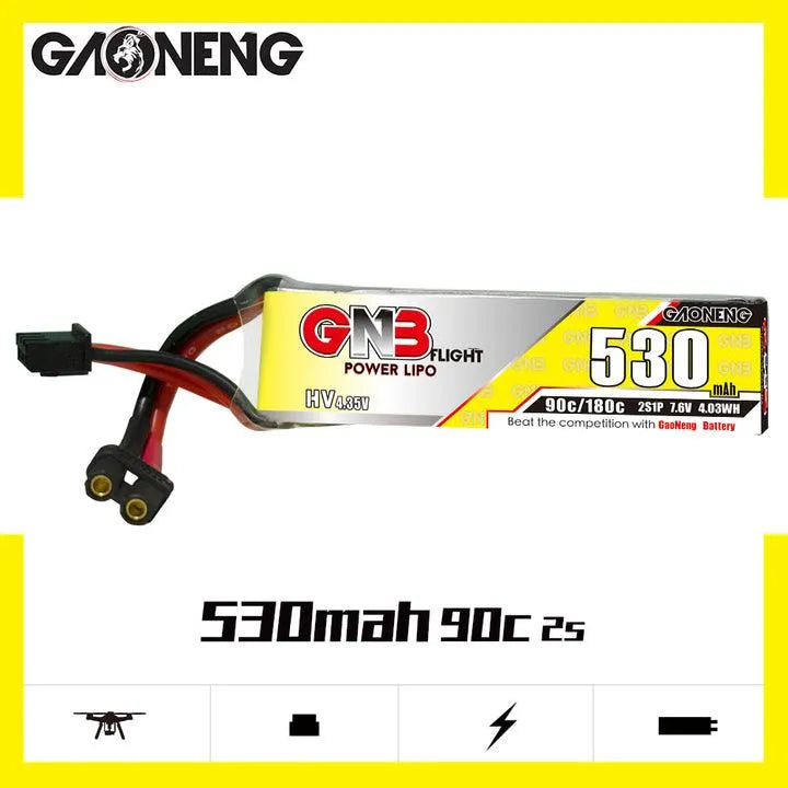 GNB 530mAh 2S 7.6V HV 90C LiPo Battery with XT30 Plug (2-Pack) - High Performance RC Drone & Airsoft Battery for FPV Racing and Mini Quadcopters