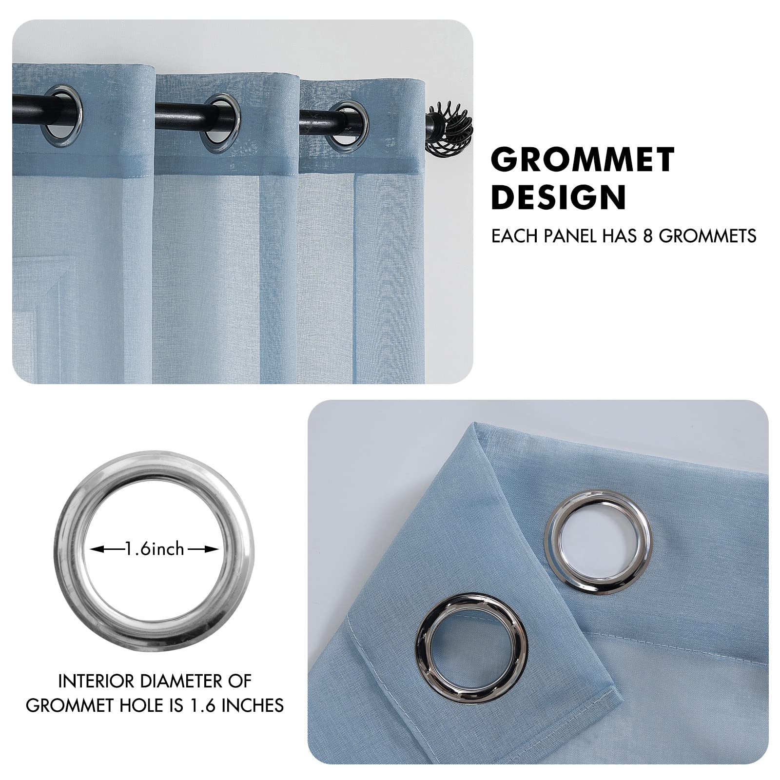 MIULEE 2 Panels Dusty Blue Semi Sheer Curtains - Elegant Grommet Top Voile Window Drapes, Linen Textured Panels for Bedroom & Living Room, 37x84 Inches - Perfect for Filtering Sunlight & Adding Privacy