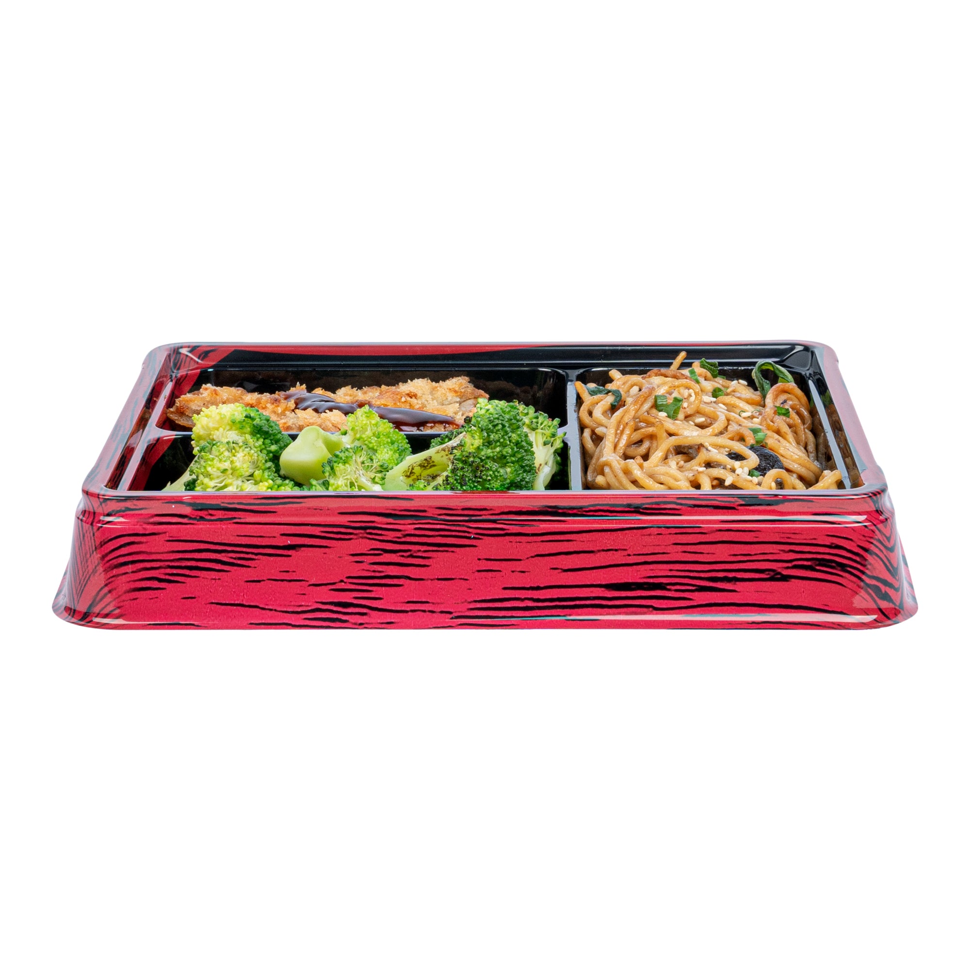 Bento Tek 16 oz Rectangle Red and Black Plastic Bento Box - 3 Compartments Lunch Container (8.75