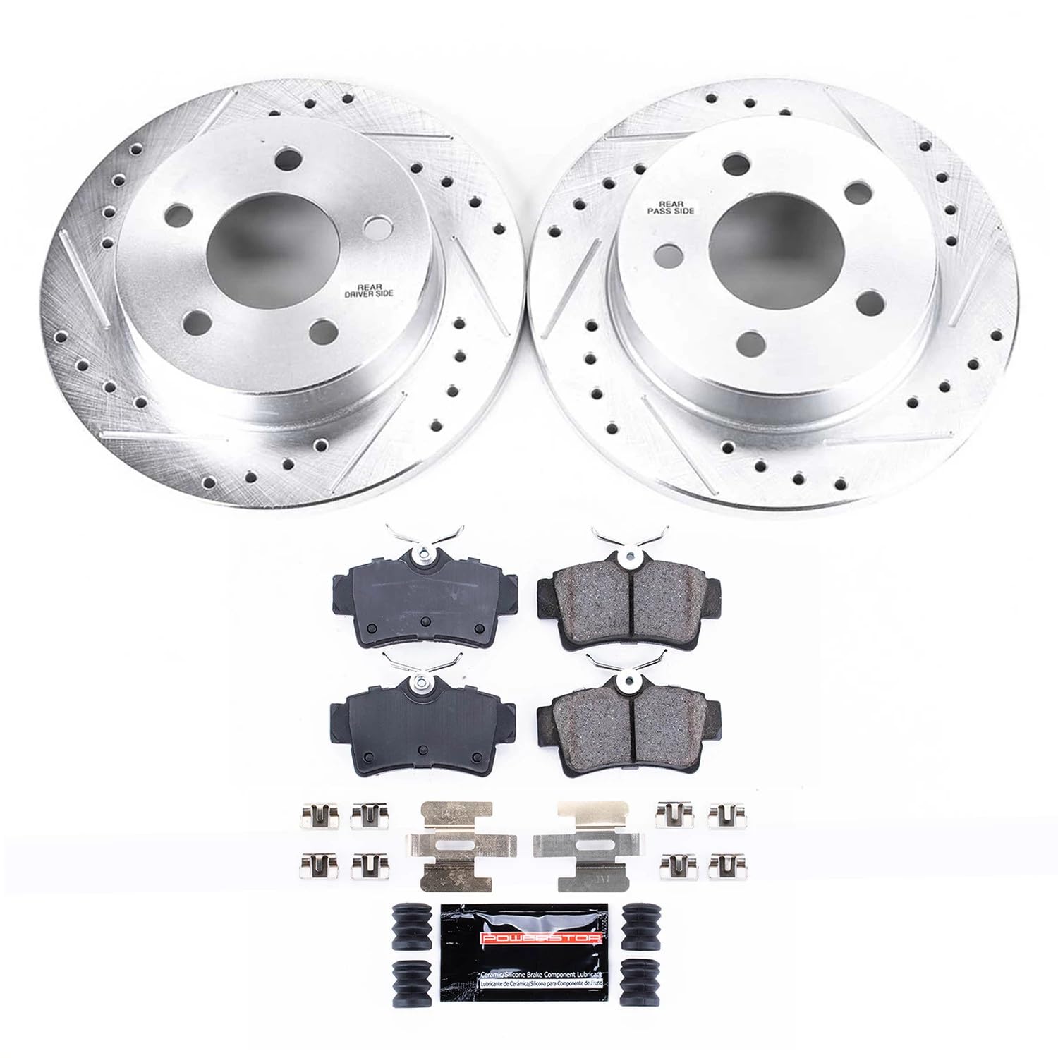 Power Stop K1303 Z23 Carbon Fiber Brake Pads & Drilled Slotted Rotors Kit for 1994-2004 Ford Mustang - High Performance Braking System for Street Racing & Daily Driving