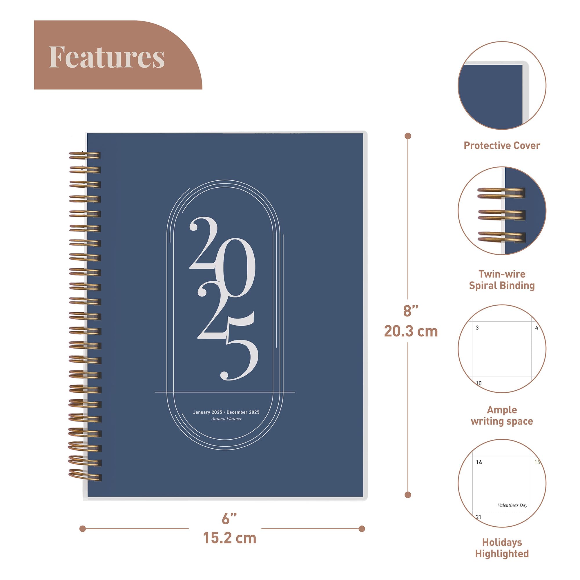 Rileys 2025 Weekly Planner - 8 x 6 Inch Academic Year Planner with Monthly & Weekly Spreads, Twin-Wire Binding, Flexible Midnight Blue Cover & Notes Pages - Perfect for Students, Professionals & Goal Tracking (Jan-Dec 2025)