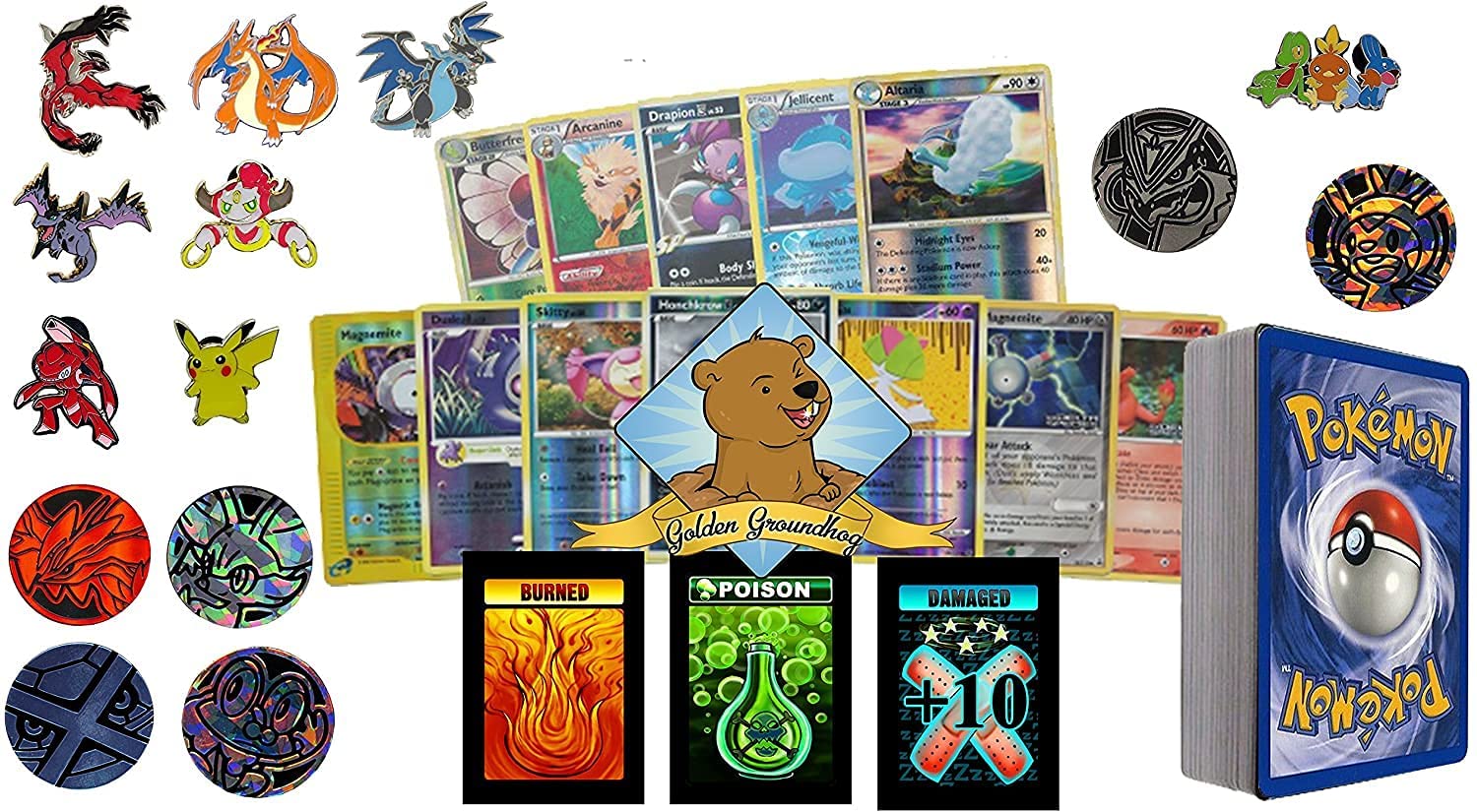 Premium Golden Groundhog TCG Deck Box - 50 Assorted Trading Cards (5 Rares, 5 Reverse Holos, 1 Coin, 1 Pin) - Collectible Card Game Accessories for Storage & Organization - Perfect for MTG, Pokemon, and Yu-Gi-Oh Players