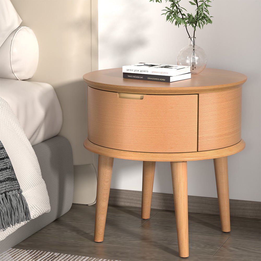 Enzo Modern Curved Bedside Table - Solid Oak Wood Nightstand with Drawer, Perfect for Small Spaces, Bedroom, Living Room & Apartment Decor