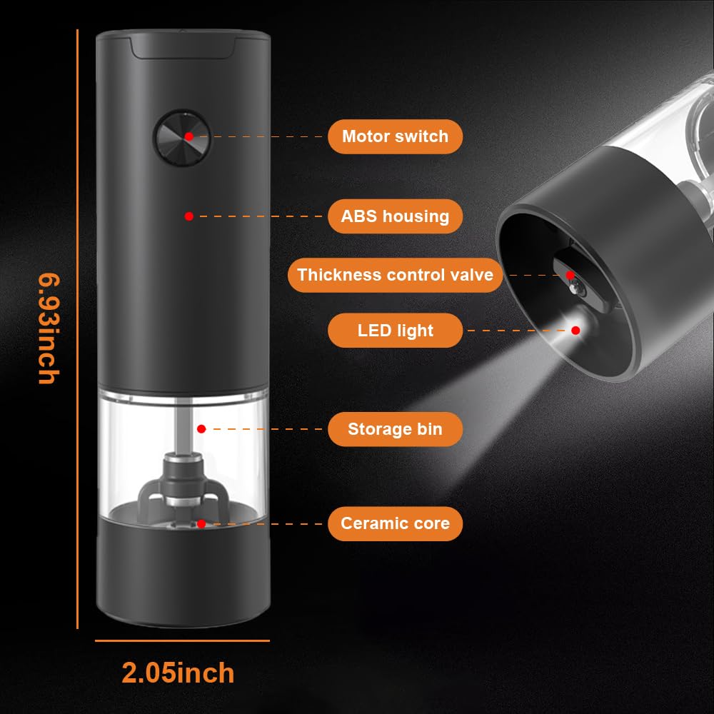 Premium Electric Salt and Pepper Grinder Set - Adjustable Coarseness, Battery Powered with LED Light - One-Handed Operation, Easy to Clean - Perfect for Kitchen, Dining Table, Camping & Gifts (Black, 1 Pack)