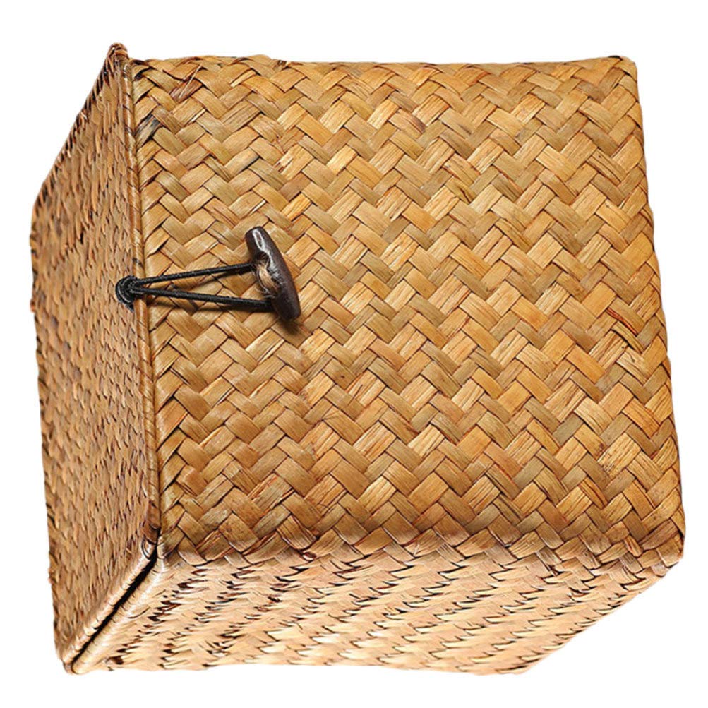 Premium Seagrass Woven Storage Basket with Lid - Natural Wicker Rattan Square Box for Home Organization, Picnic, Laundry & Plant Decor | Stylish Eco-Friendly Storage Solution for Bedroom, Bathroom & Living Room