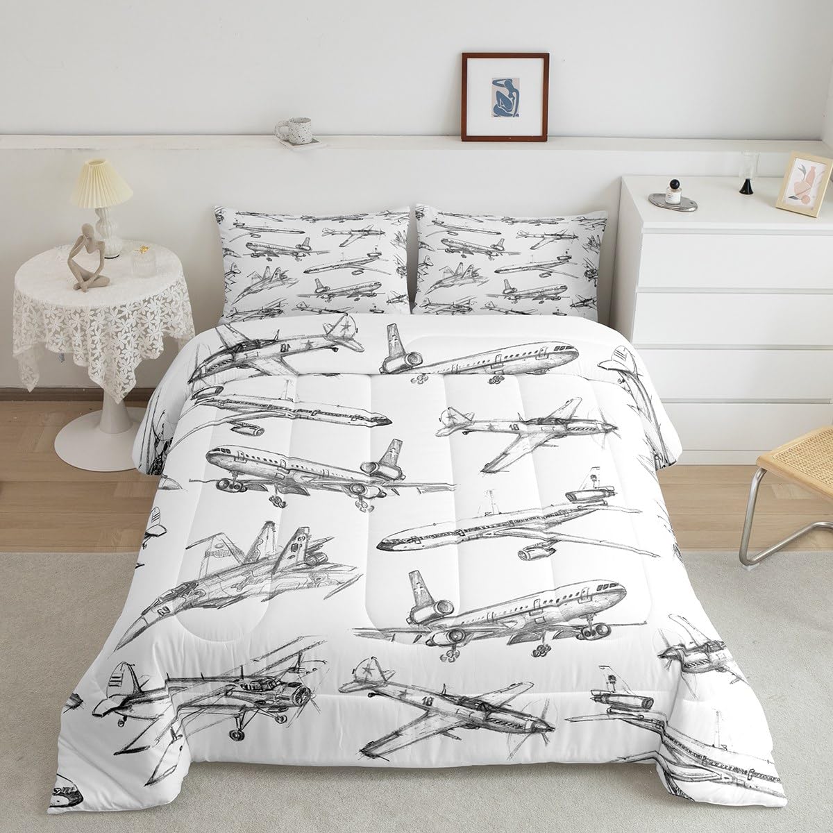Airplane Comforter Set Twin Size - 2Pcs Aircraft Themed Bedding for Kids, Boys & Girls - Black & White Sketch Print Quilt with Duvet Insert & Pillowcase - Perfect for Kids' Bedroom Decor & Aviation Theme Rooms