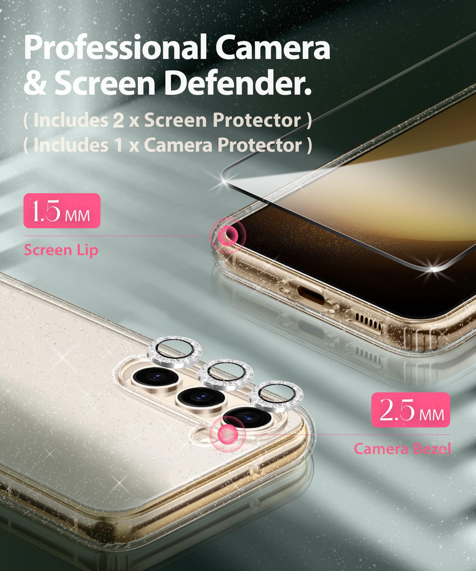 Glitter Clear Shockproof Phone Case for Samsung Galaxy S24 Plus 5G with Diamond Camera Lens Protector + 2 Pack Tempered Glass Screen Protector | Sparkly Protective Cover for Women | Perfect for Daily Use, Parties & Gift Giving