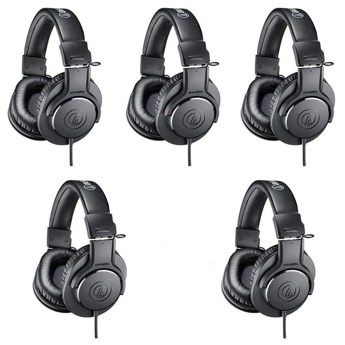 Audio-Technica ATH-M20x Professional Studio Monitor Headphones 5-Pack - 96dB Sensitivity, 15-20kHz Frequency Response, Black - Includes Microfiber Cloth - Perfect for Recording Studios, Podcasting & Music Production