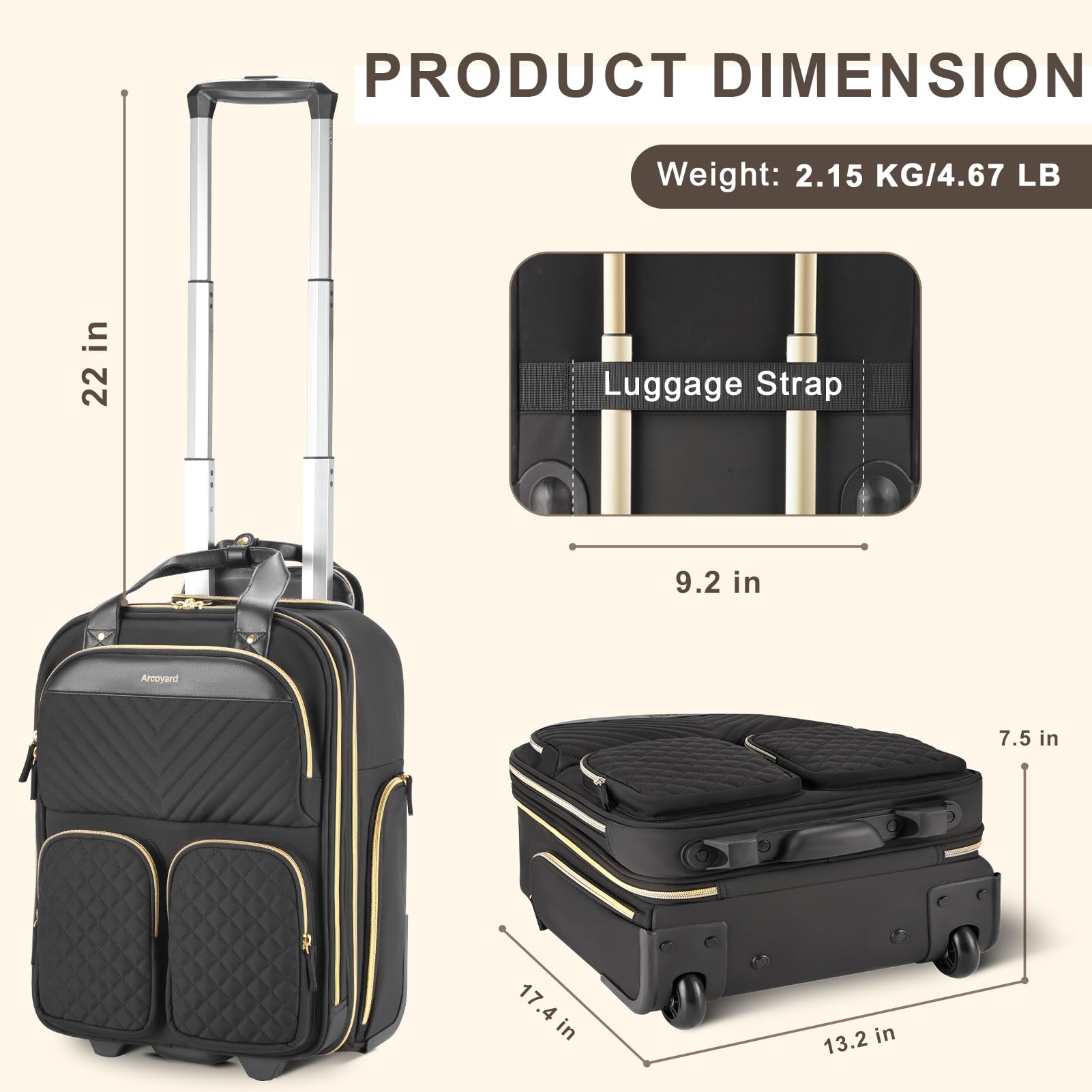 Airline Approved Underseat Carry On Luggage with Wheels - Lightweight Rolling Suitcase with Multiple Compartments & Leather Handle - Perfect Personal Item Bag for Women in Black Gold (Size L) - Ideal for Business Travel, Weekend Getaways & Airplane Cabins