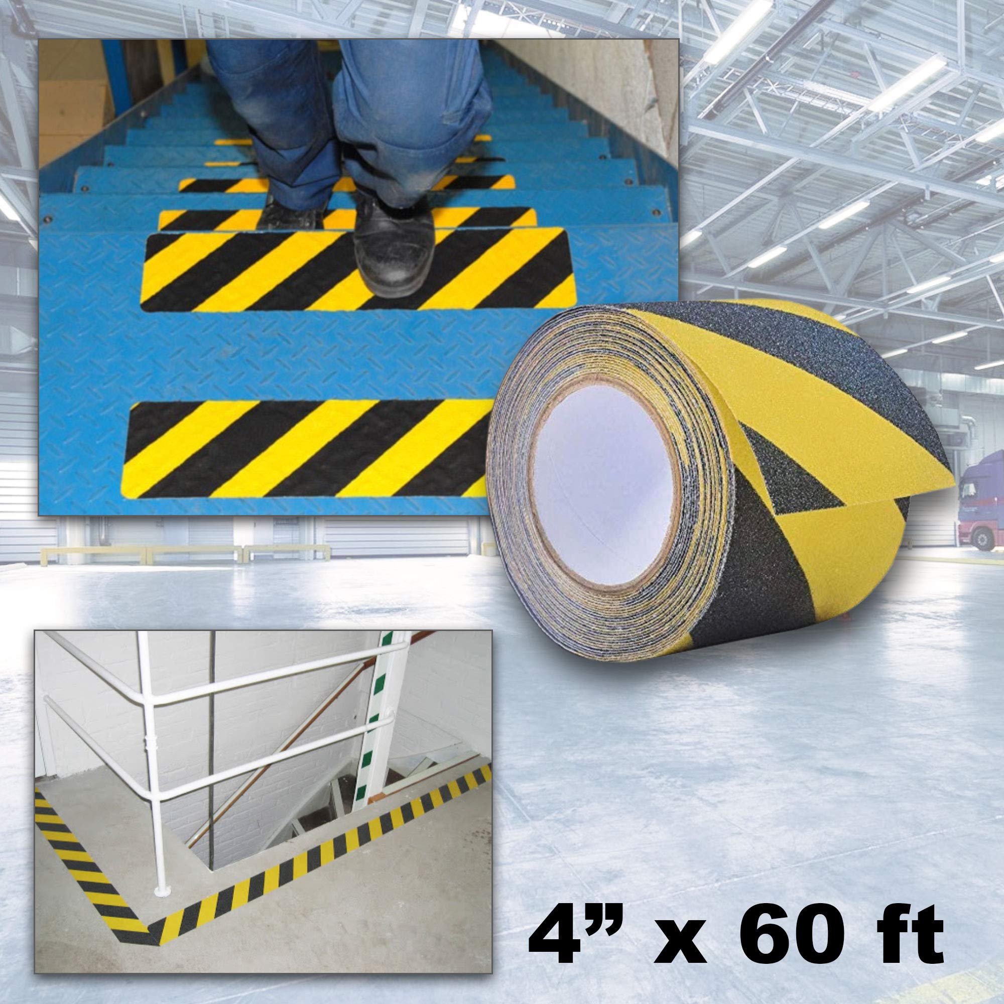 Premium Yellow & Black Caution Grip Tape - 60 Grit Heavy Duty Non-Slip Adhesive (4
