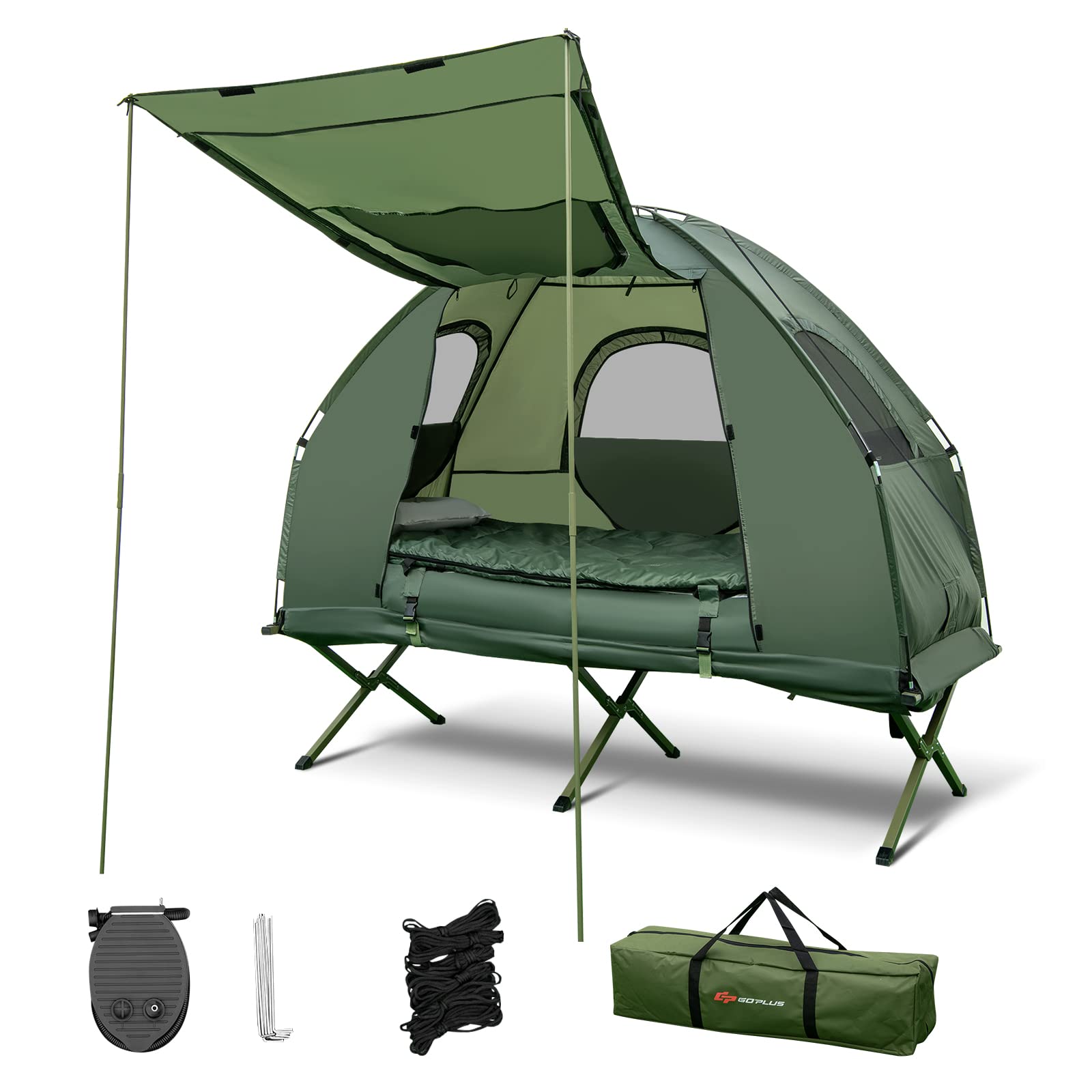 Nightcore Single Person Camping Tent with Air Mattress & Pillow - Portable Folding Cot with Metal Frame, Polyester Canopy & Sleeping Bag - Military Green (76”x31”x63”) for Outdoor Adventures, Backpacking, Hiking & Family Picnics