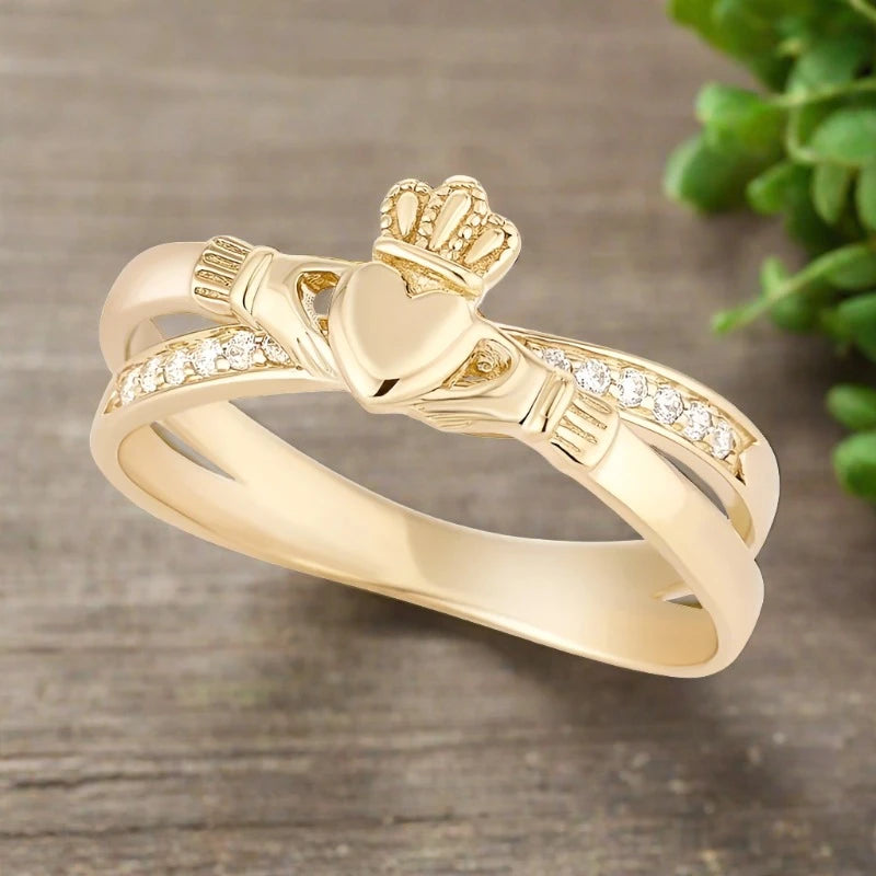 10K Gold CZ Claddagh Crossover Ring for Women - Irish Celtic Love Friendship Loyalty Wedding Promise Ring - Perfect for Valentine's Day, Anniversary & Special Occasions