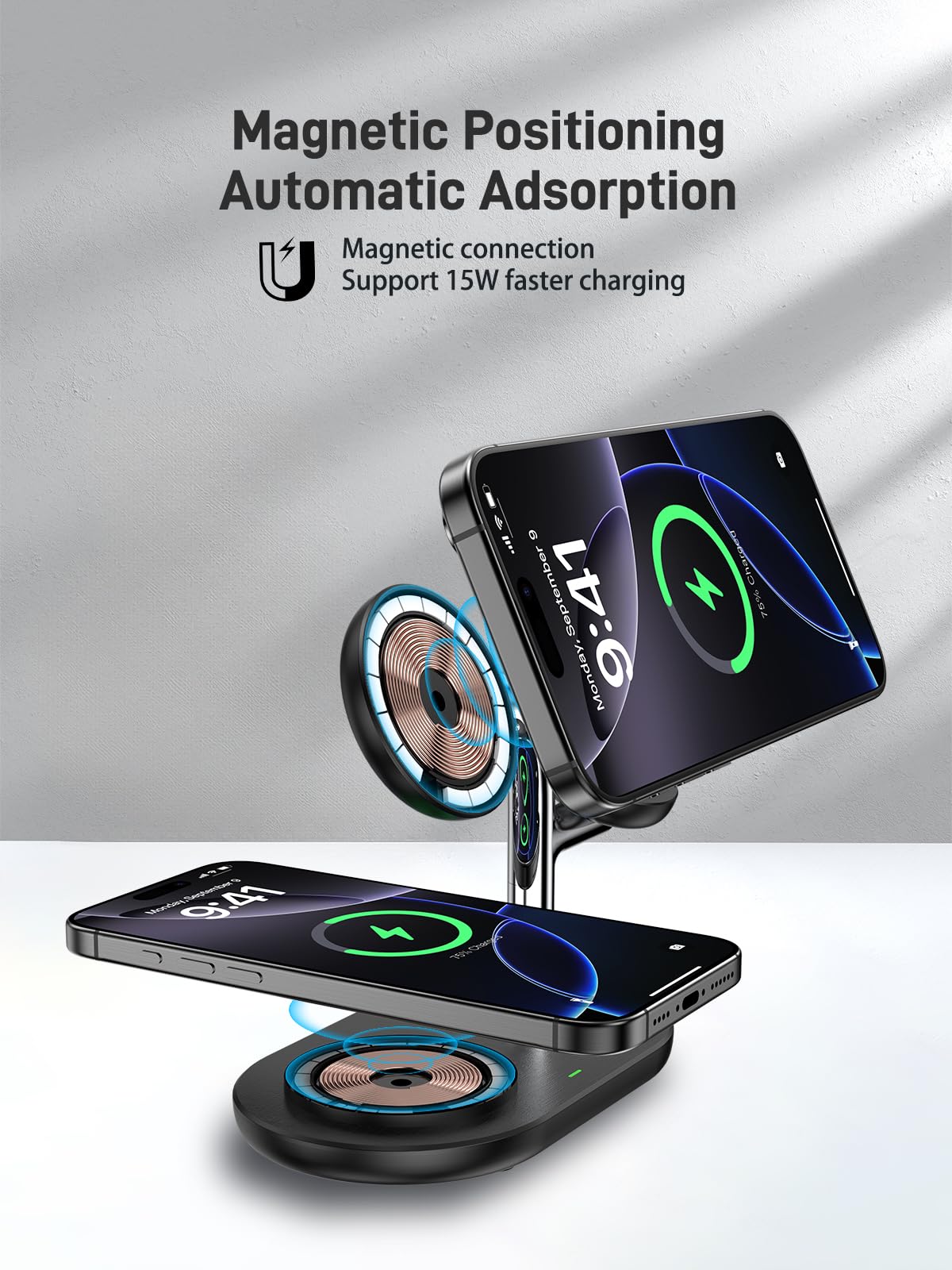 3-in-1 Magnetic Wireless Charging Station for iPhone 16/15/14/13/12 Series, AirPods Pro 2 & Apple Watch Series 10/9/8/7 | Fast Dual Charging Pad with MagSafe Technology | Perfect for Home, Office & Travel Use