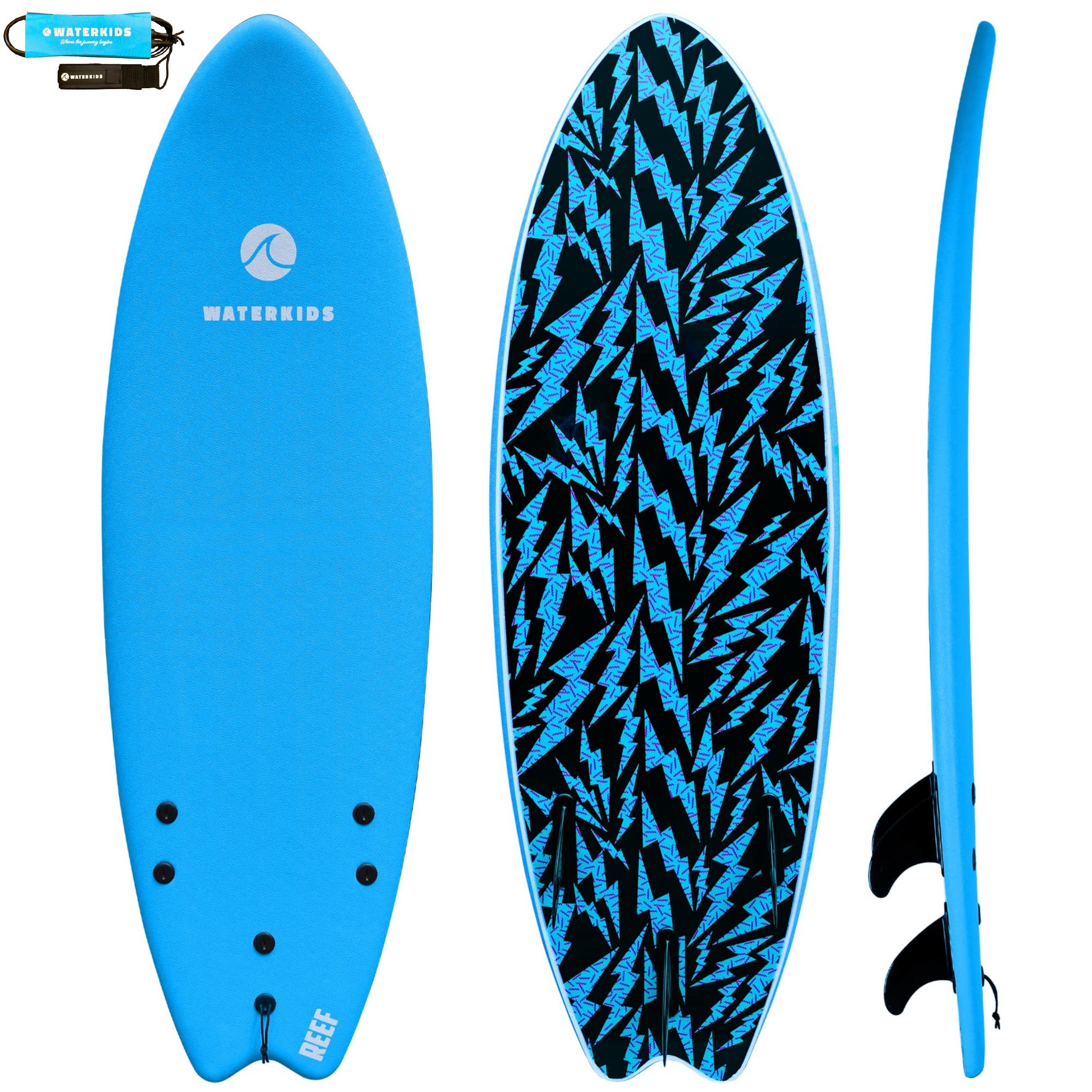 5'6 Reef Kids Surfboard with Leash - Soft Top Foam Core Beginner Surfboard for Children | Classic Fish Shape Design for Easy Wave Catching & Learning | Perfect for Beach Vacations, Surf Lessons & Summer Fun