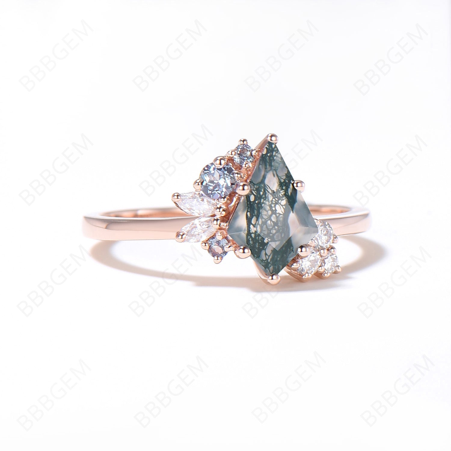 6x9mm Kite Cut Moss Agate Cluster Engagement Ring - 14k Rose Gold with Alexandrite & Moissanite Accents | Wedding Band, Promise Ring, Anniversary Gift for Her | Perfect for Proposals, Vow Renewals & Special Occasions
