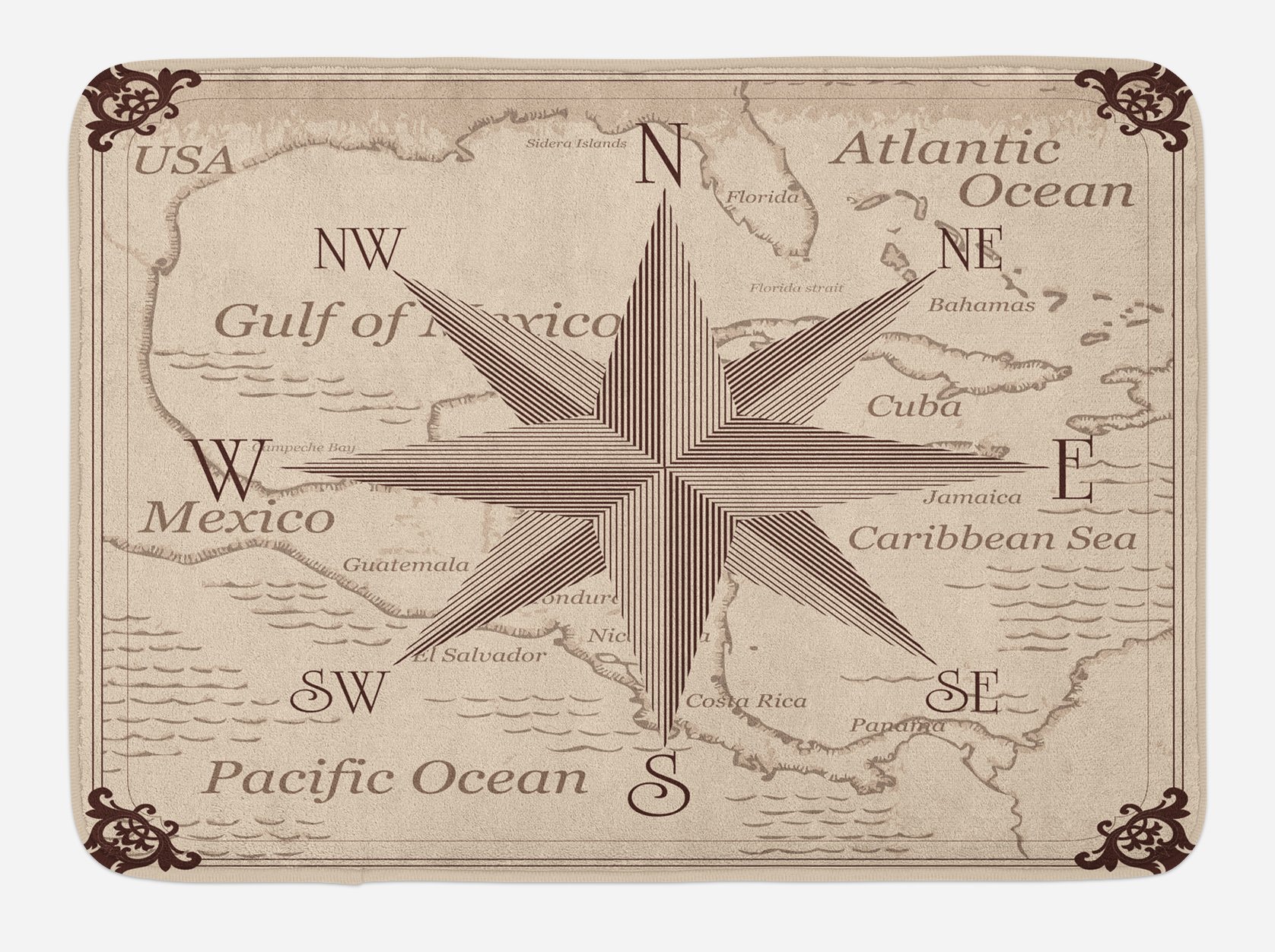 Ambesonne Non-Slip Plush Bath Mat with Compass & Central American Map Design - Caribbean Windrose Pattern, Gulf of Mexico & Cuba Decor - 30.2