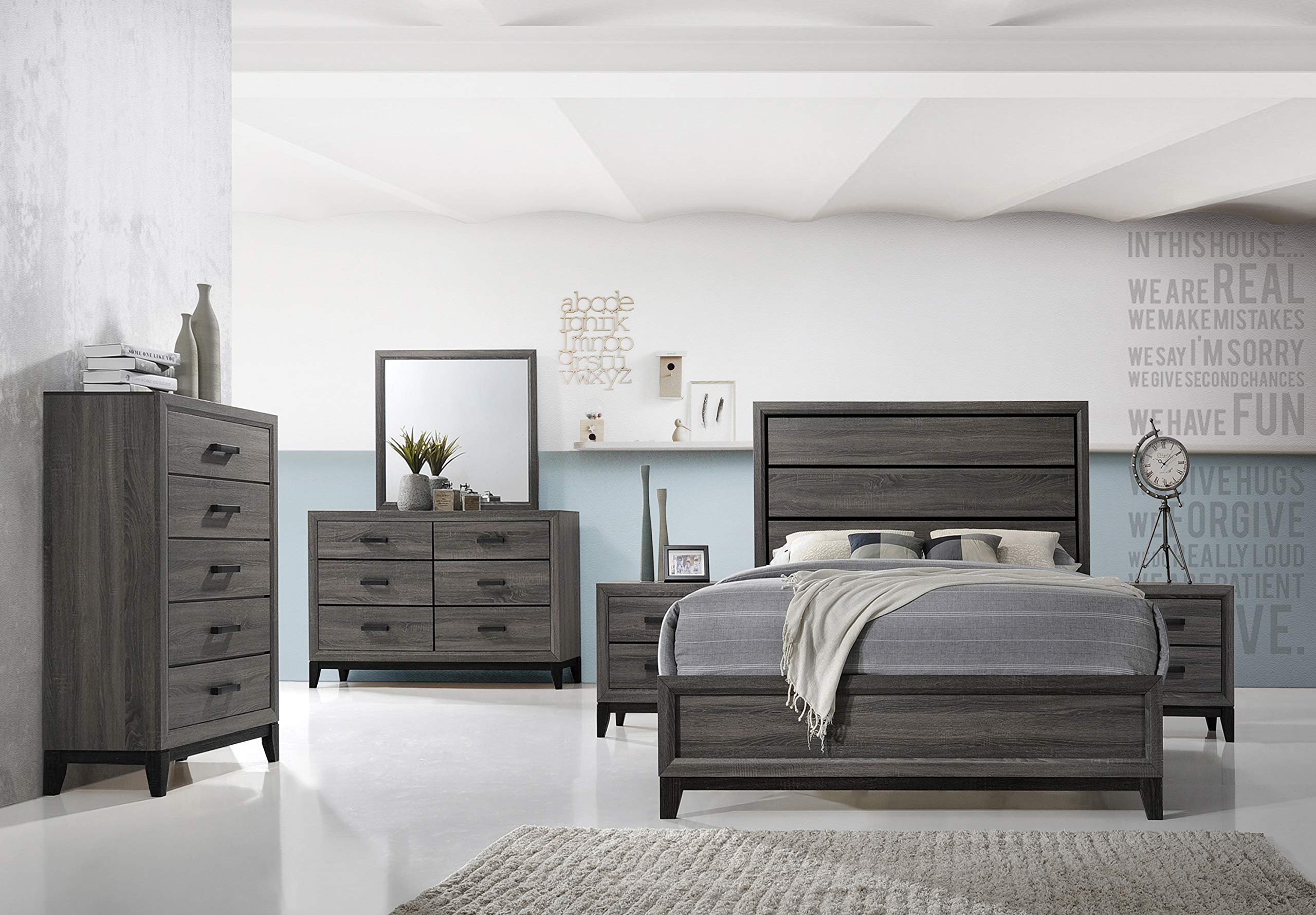 KB Designs 6-Piece Queen Size Bedroom Set in Grey & Black - Modern Bed Frame, Nightstand & Dresser for Cozy Master Bedroom Decor