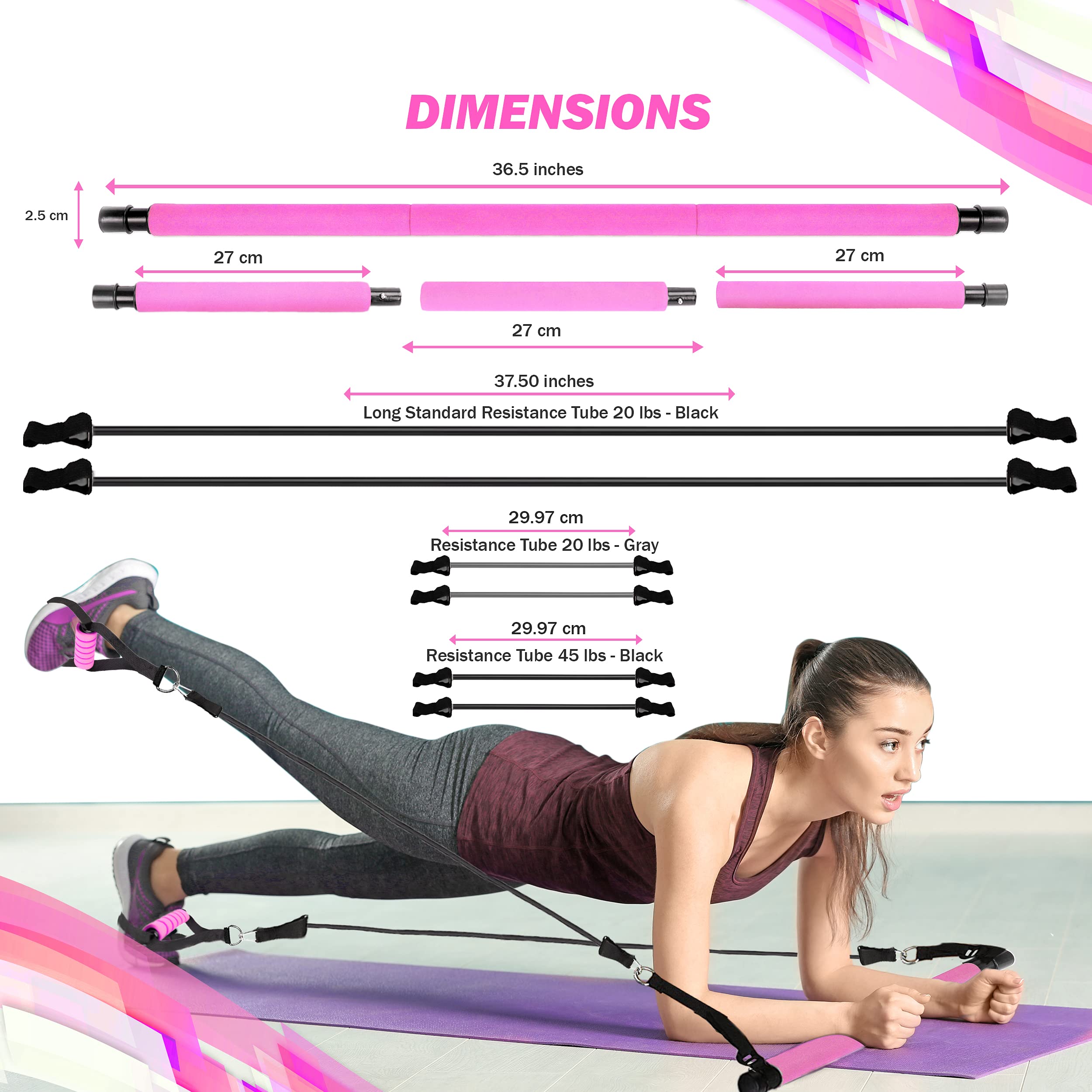 Pilates Bar Kit with Resistance Bands - 3-Section Adjustable Yoga Stick for Home Workouts - Portable Exercise Equipment for Men & Women - Full Body Toning, Stretching & Yoga Training - Perfect for Home Gym, Office & Travel Fitness