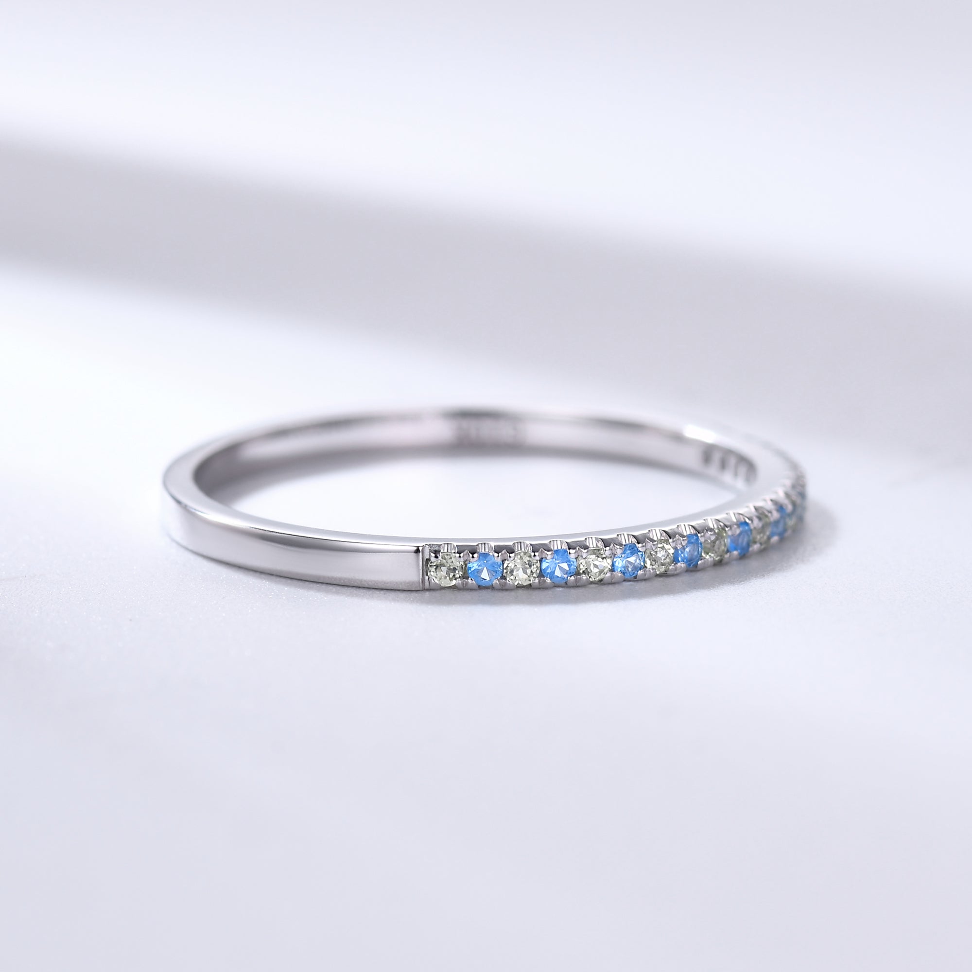 Petite Topaz Peridot White Gold Half Eternity Wedding Band Pave Stacking Ring for Women - Dainty Stackable Engagement Ring, Anniversary Gift for Her - Perfect for Bridal Jewelry, Everyday Wear & Special Occasions