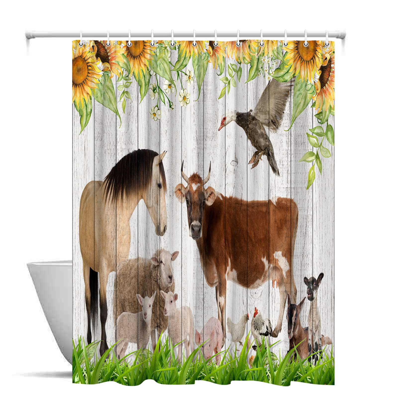 Farm Animal Shower Curtain Set - Sunflower, Cow, Horse, Sheep & Duck Design on Green Grass & Wooden Planks Farmhouse Background - 70x70 Inch Bathroom Hanging Cloth with Hooks - Perfect for Farmhouse, Country, or Rustic Bathroom Decor