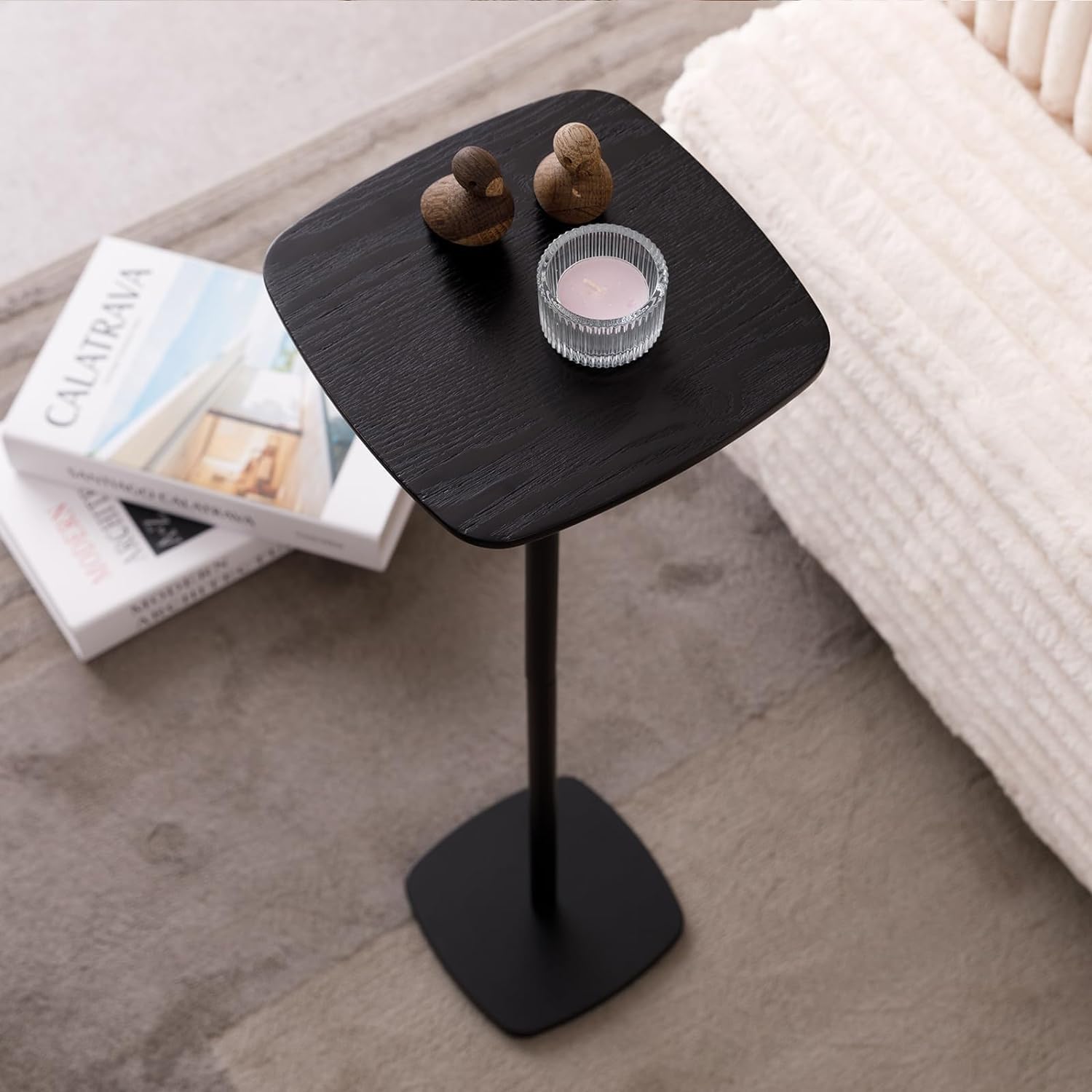 Modern Square Small Drink Table - Black Metal Cocktail Pedestal Stand, Mini Side End Table for Living Room, Bar & Small Spaces | Perfect for Martini Nights, Coffee Breaks & Compact Home Decor