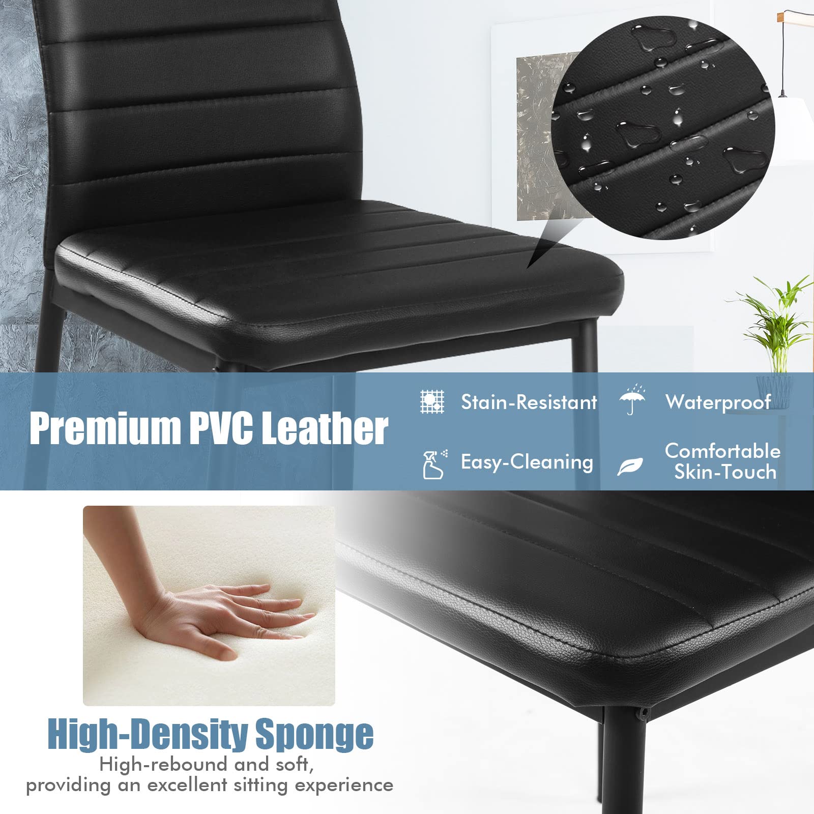 Giantex Set of 4 Upholstered Dining Chairs with Stain-Resistant PVC Leather, Non-Slip Foot Pads - Easy to Clean & Assemble, High Back Kitchen & Dining Room Chairs (Black) - Perfect for Home, Restaurant, and Office Use