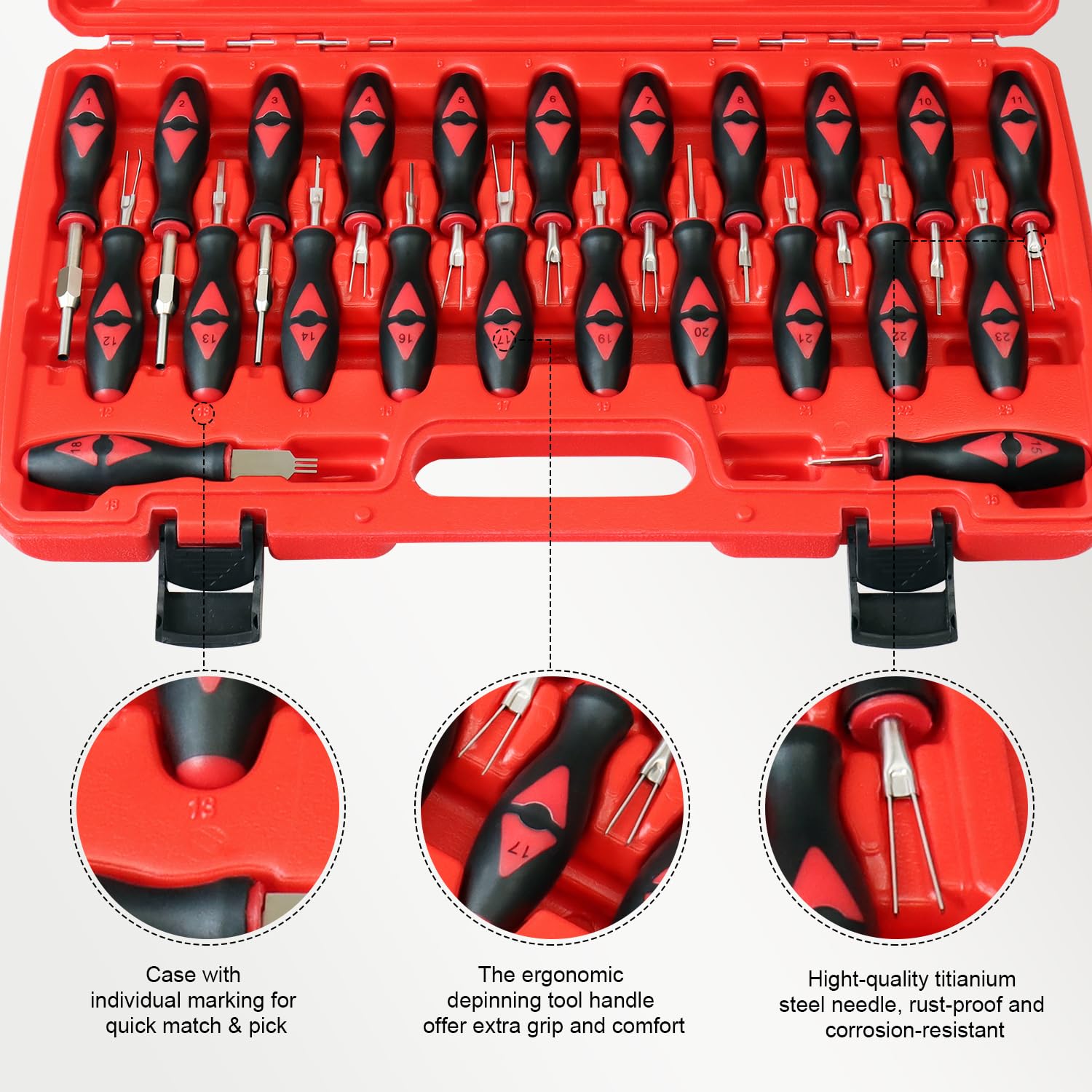 Universal 23-Piece Terminal Release Kit - Wire Connector Removal Pin Extractor Tool Set for American & Imported Cars | Perfect for Auto Repair, Electrical Maintenance & DIY Vehicle Projects