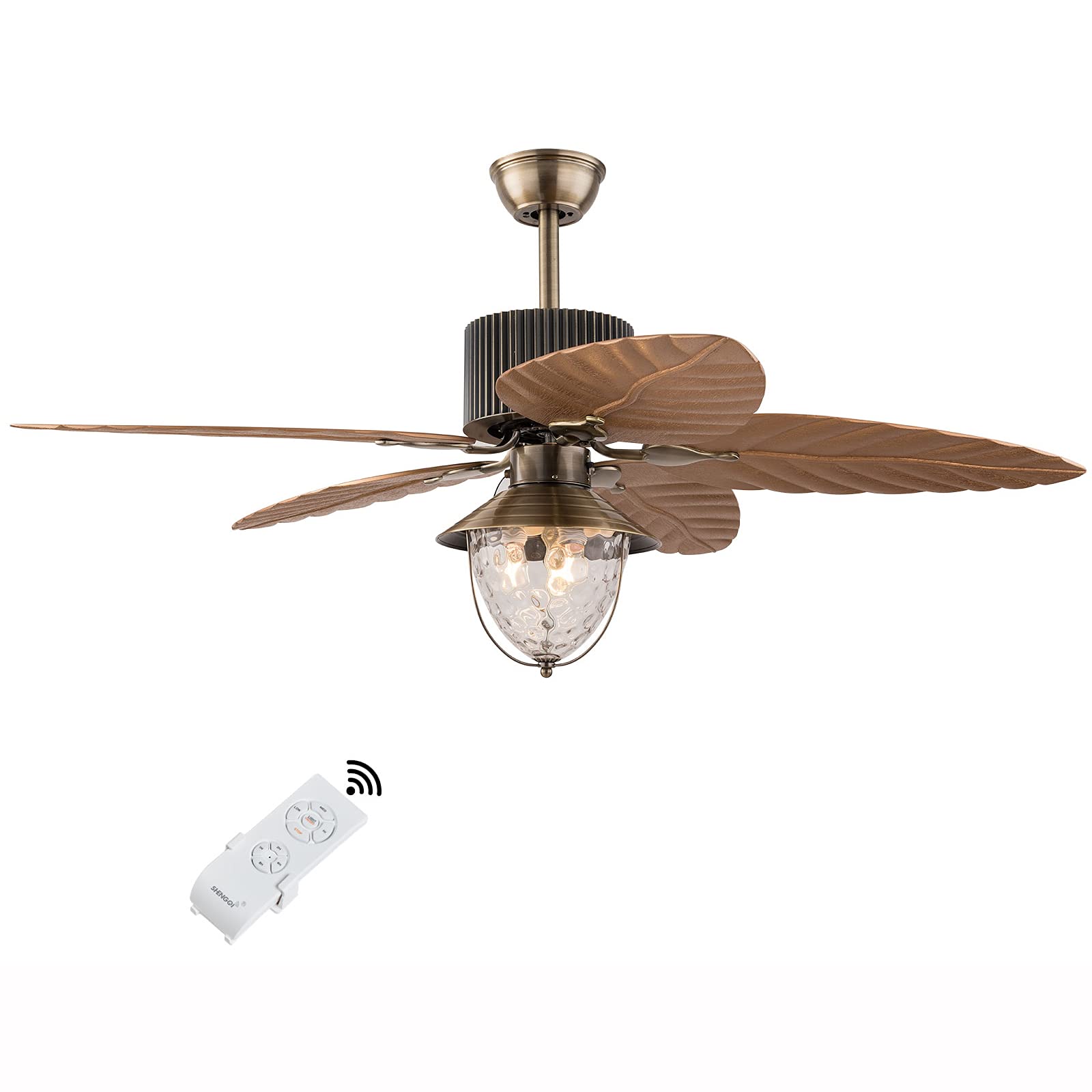 52 Inch Tropical Ceiling Fan with 5 Palm Leaf Blades - 3 Speed Reversible Remote Control, E27 Bulb Glass Light Cover - Indoor/Outdoor Use for Living Room, Bedroom, Patio - Brown