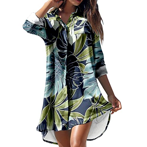 Women's Casual Spring Summer Beach Dress - Long Sleeve Button Down Shirt Dress with Pocket Floral Print (Navy, Size L) | Perfect for Vacation, Date Night & Outdoor Activities