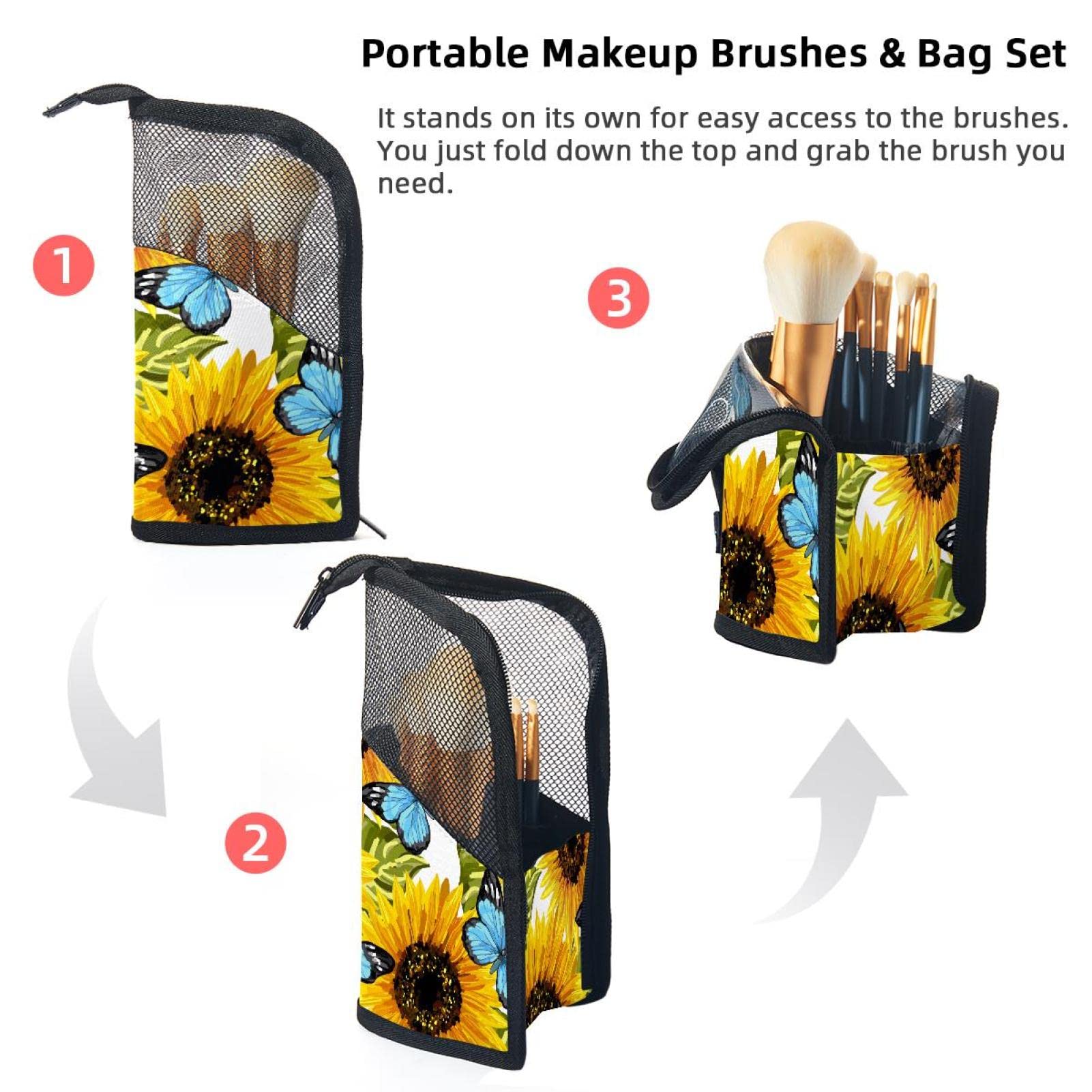 12-Piece Sunflower Blue Butterfly Makeup Brush Organizer Bag – Portable Makeup Brush Holder Case for Travel & Home Storage