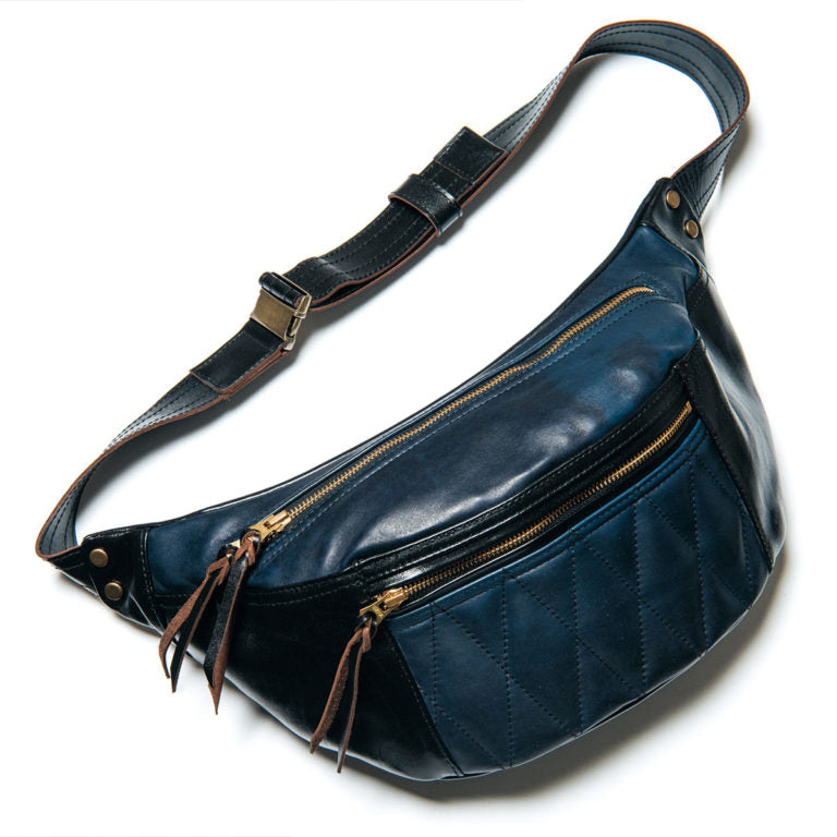 Genuine Leather Horse Hide Waist Bag BG 09 - Black & Indigo Crossbody Pouch for Men & Women | Perfect for Travel, Hiking, and Everyday Use