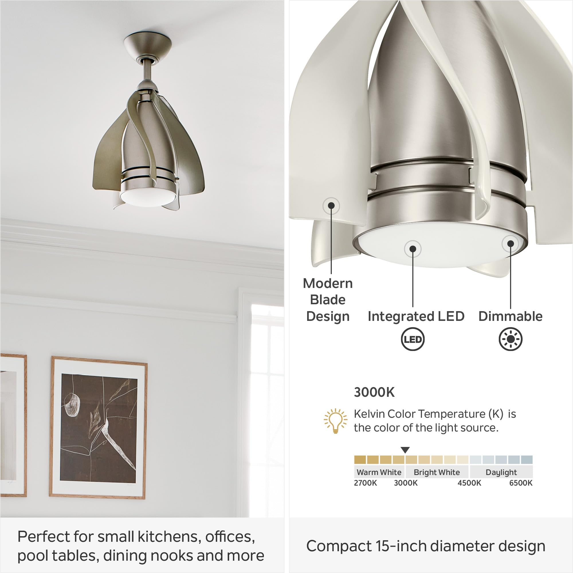 Kichler Terna 15 Inch Brushed Nickel LED Ceiling Fan with Remote Control - 5 Blade Modern Design, 3000K Warm White Light (15