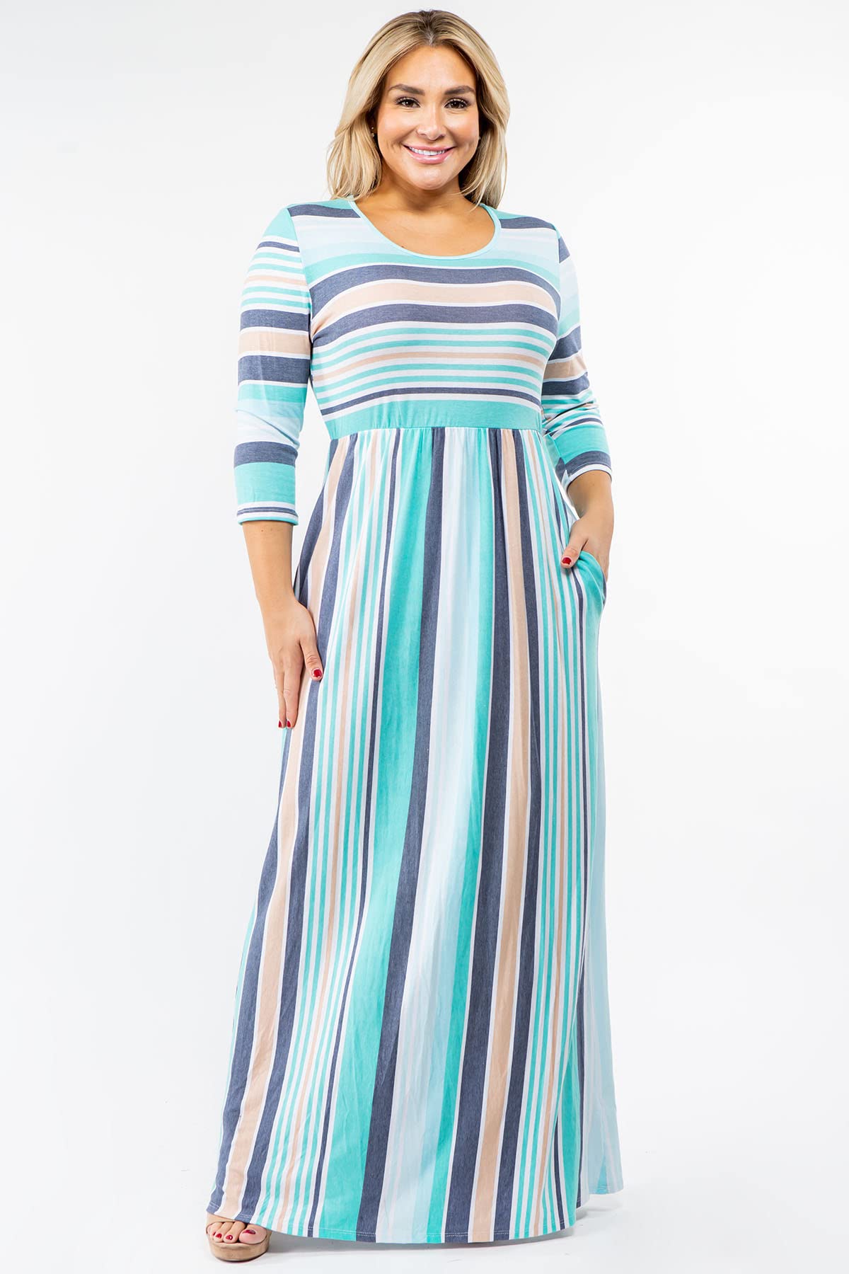 Eloges Women's ¾ Sleeve Contrast Floral & Stripe Maxi Dress - Elegant Summer Beach Dress for Vacation, Party & Casual Wear