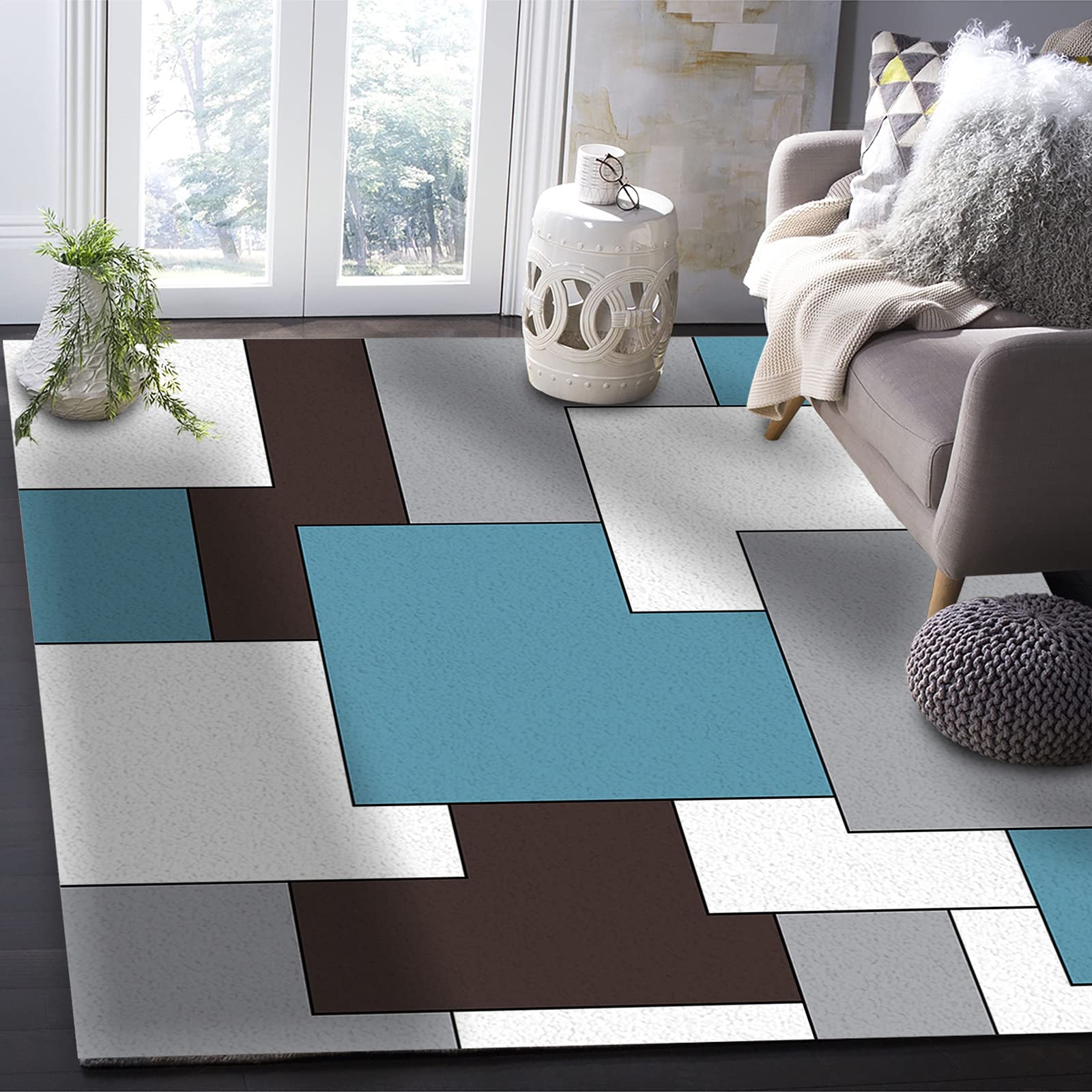 4'x6' Non-Shedding Boho Area Rug - Blue White Grey Abstract Geometric Pattern Indoor Outdoor Rug for Living Room, Bedroom, Kitchen & Bathroom Decor | Perfect for Mid-Century Modern Homes & Bohemian Style Spaces