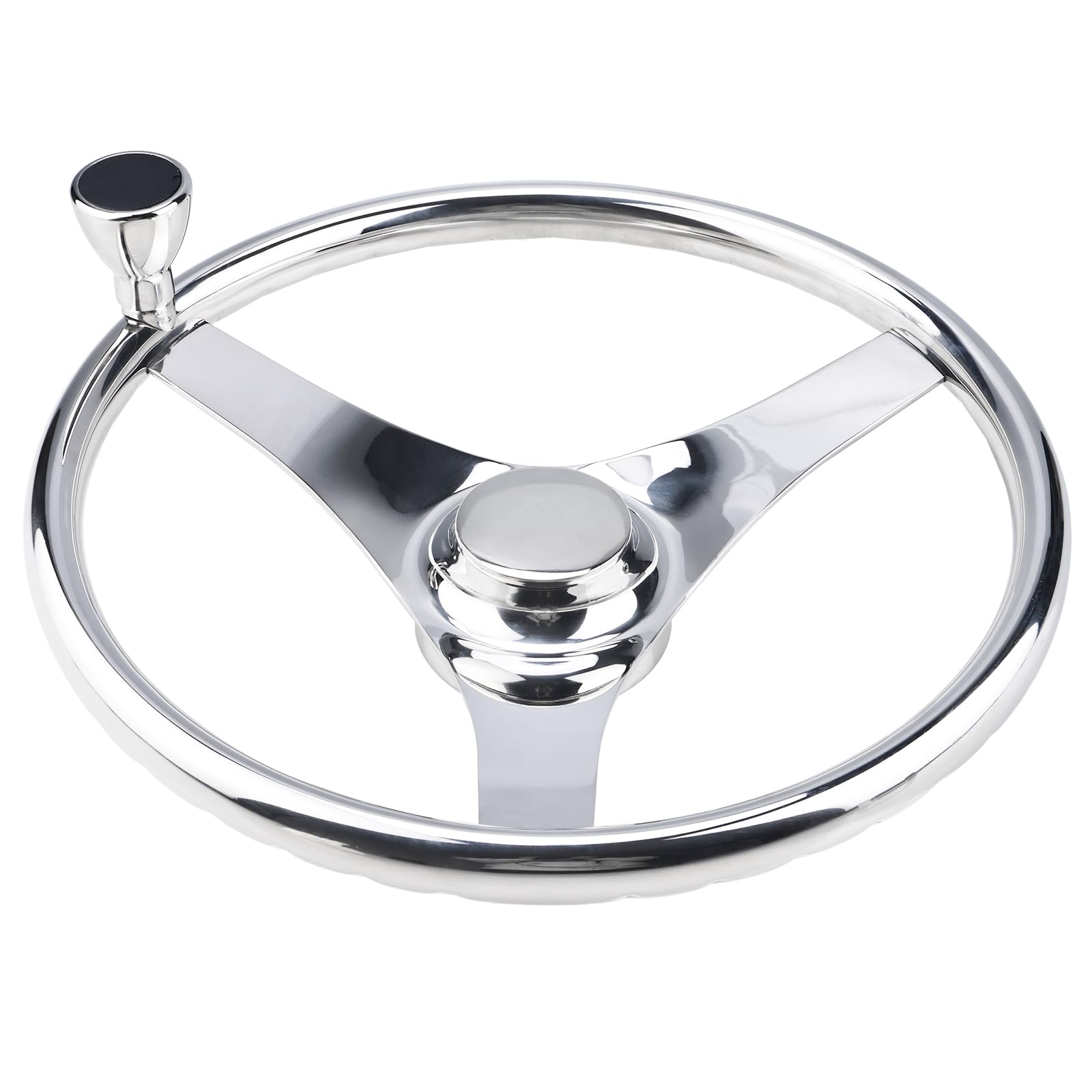 YaeMarine 13.5 Inch Stainless Steel Marine Boat Steering Wheel - 3 Spoke Sports Design with Finger Grips, Control Knob & Cap | Perfect for Sailboats, Yachts & Powerboats