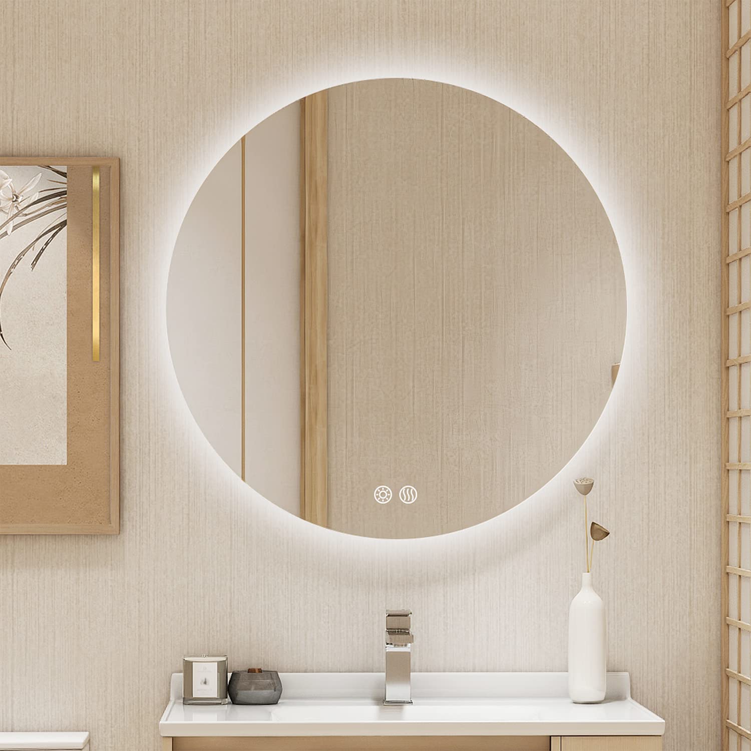 32 Inch Round LED Bathroom Mirror with Anti-Fog, Backlit, 3 Color Dimmable Lights & Touch Switch - Smart Vanity Mirror for Makeup, Shaving & Home Decor (Wall Mounted)